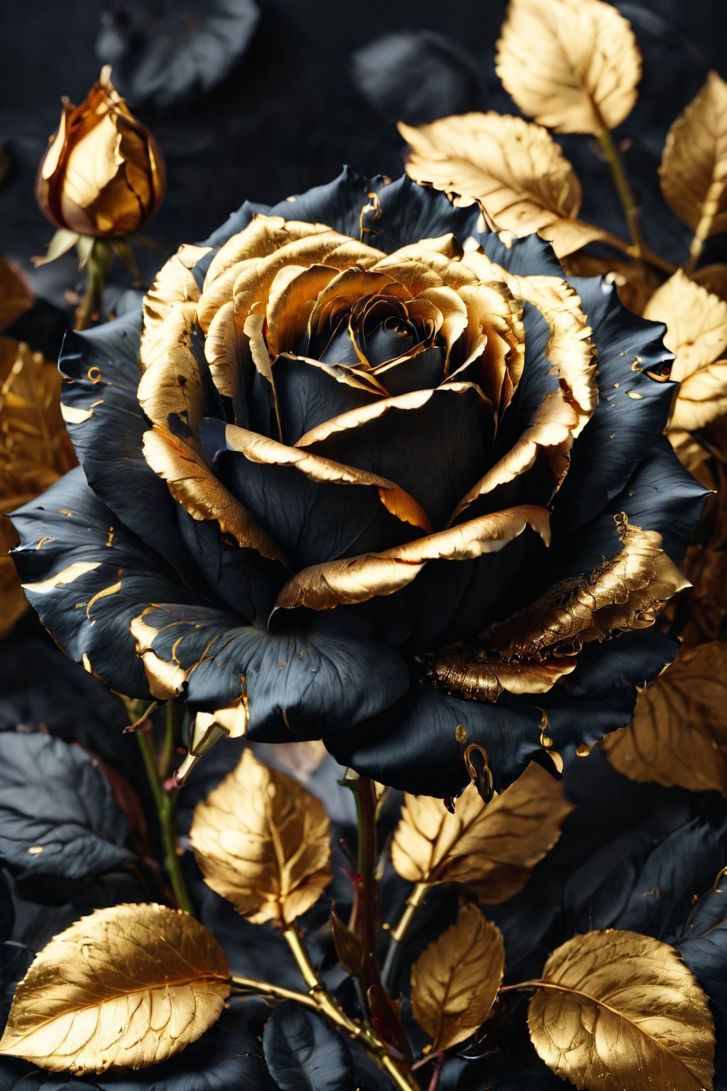 realistic black rose, golden details on petals, high resolution, ultra detailed texture, vibrant contrast, elegant design, by FuturEvoLab, (masterpiece: 2), best quality, ultra highres, original, perfect lighting, rich colors, 