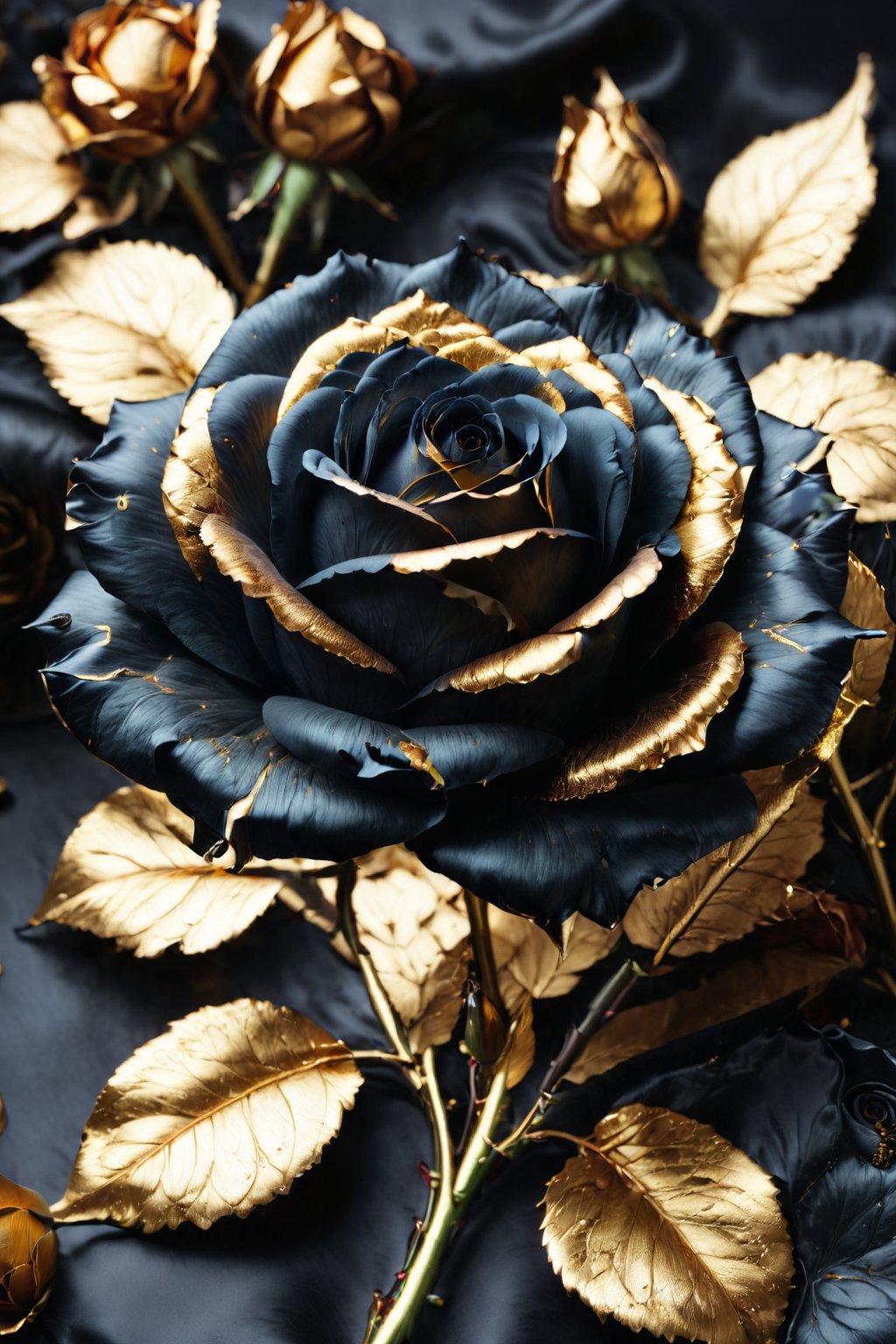 realistic black rose, golden details on petals, high resolution, ultra detailed texture, vibrant contrast, elegant design, by FuturEvoLab, (masterpiece: 2), best quality, ultra highres, original, perfect lighting, rich colors, 