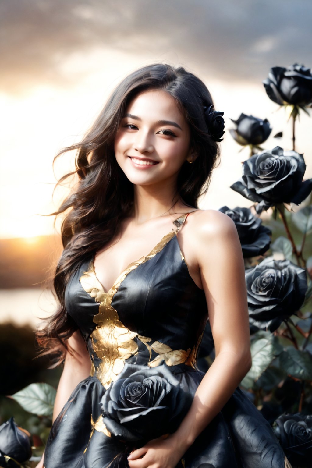 Girl in dress covered with black roses, front view, long hair, smiling, sunset backlighting, realistic and detailed, pencil style artwork, high resolution, by FuturEvoLab, (masterpiece: 2), ultra detailed, perfect lighting, vibrant contrast, Gold Edged Black Rose,