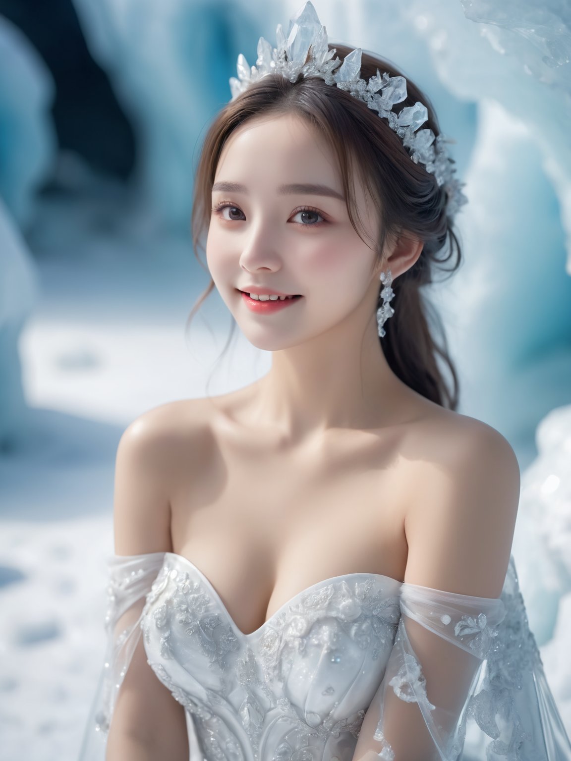 facial close-up composition,1girl,look at view,happy,ice cave,beautiful facial features,real skin,white folding wedding dress,exquisite decoration,level depth of field,bare shoulder,huge skirt,reflection,everywhere ice cubes,