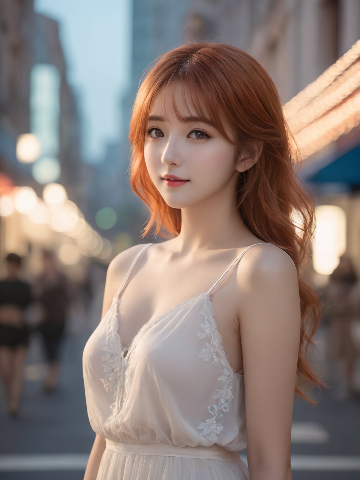 1 girl:1.3), cute, (best quality:1.4), (masterpiece1.4), light red hair, black eyes, turn left, looking at viewer, (full body), beautiful lighting, (Bokeh), light rays, (Depth of field), (See-through), (soft lighting, soft colors), ultra resolution image, (Anarmorphic), Intersection of tradition and urban lifestyle, happy, (Realistic:2), (cleavage:1.4),