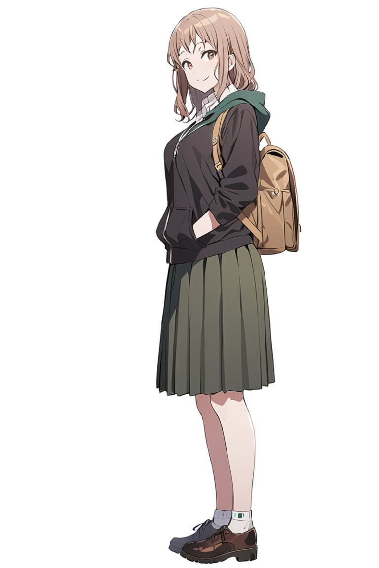 Visual Anime, masterpiece, best quality, @Komiya, Komiya_Ena, 1girl, solo, breasts, 20 y.o, brown hair, smile, closed mouth, white collar shirt, brown V Neck Sleeveless Sweater , Black Jaket, Green Hoodie, (half length skirt), 1/2 long skirt, backpack, white background, fullbody, standing, shoes, white sock, clean background, long shoot, rolled up  sleeve, white cuff sleeve