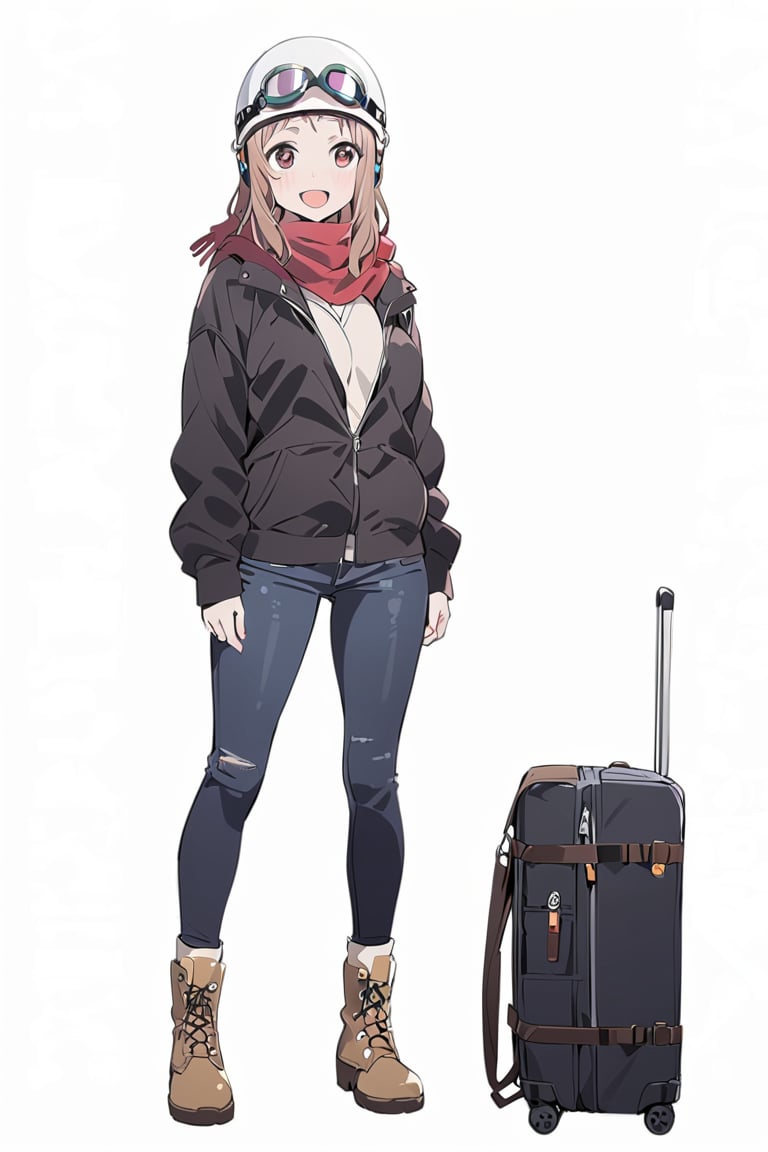 Visual Anime, masterpiece, best quality, @Komiya, Komiya_Ena, 1girl, solo, breasts, 20 y.o, brown hair, smile, open mouth, jacket, black Jaket, red scarf, jeans, white background, fullbody, standing, boots, clean background, long shoot,  white helmet, googles on headware,