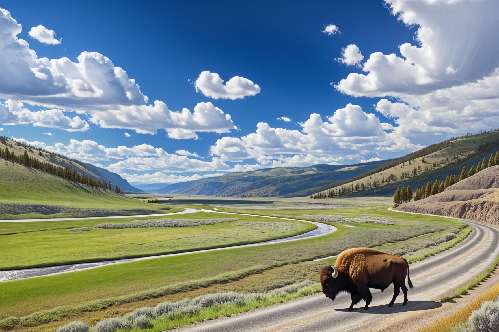 ((Hyper-Realistic)) detailed scene of lamar valley \(lamarva11ey\) in Yellowstone,outdoors,sky,day, cloud,tree,no humans,cloudy sky,grass,nature, beautiful scenery,mountain,winding road,landscape,(close up on american bisons:1.2)
BREAK 
aesthetic,rule of thirds,depth of perspective,perfect composition,studio photo,trending on artstation,cinematic lighting,(Hyper-realistic photography,masterpiece, photorealistic,ultra-detailed,intricate details,16K,sharp focus,high contrast,kodachrome 800,HDR:1.2),photo_b00ster,real_booster,ye11owst0ne,(lamarva11ey:1.2),more detail XL,Ye11owst0ne,grandpr1smat1c