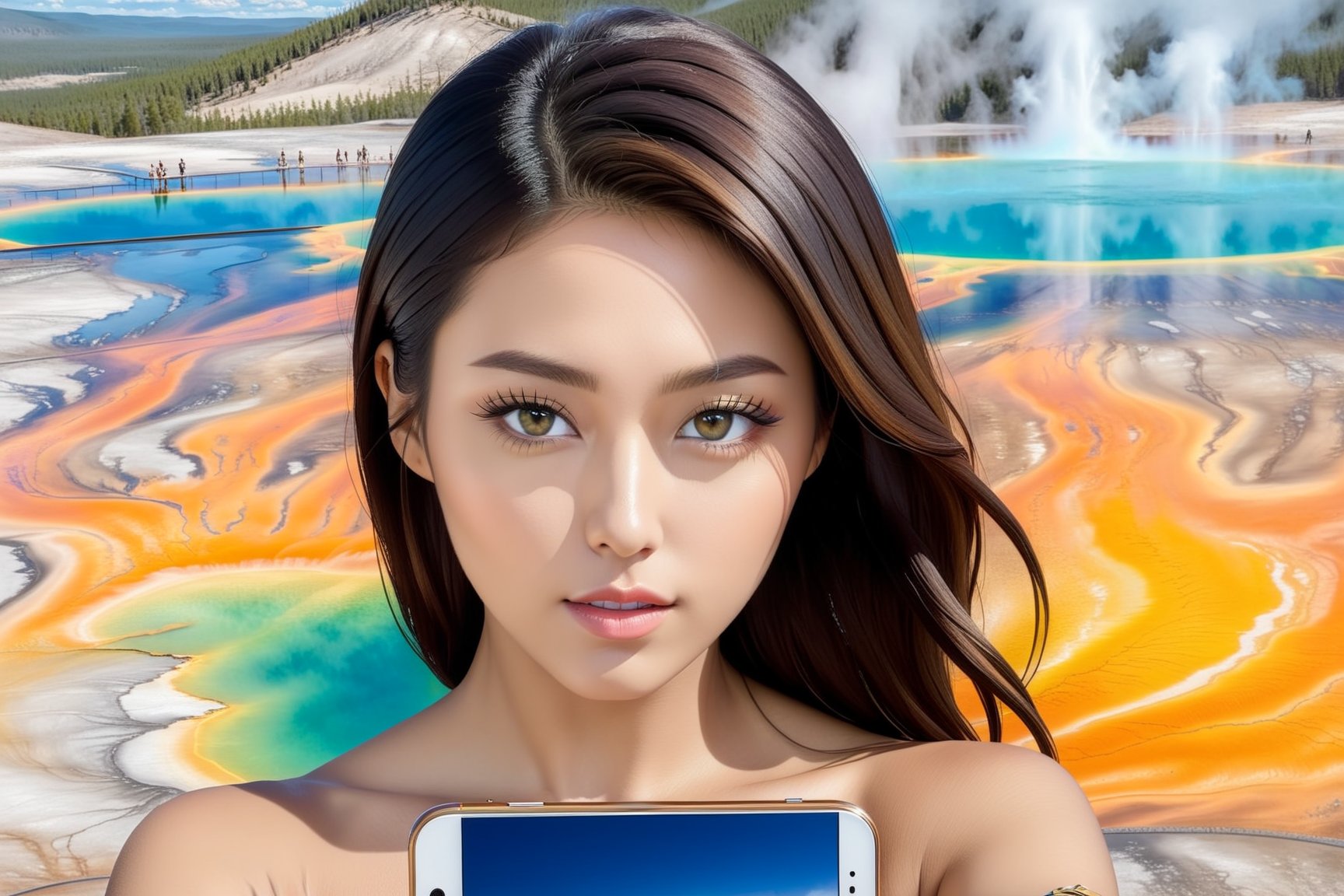 ((Hyper-Realistic)) photography of a beautiful girl taking selfie of Grand Prismatic Spring of Yellowstone,holding a smart phone,20yo,detailed symmetric face,detailed soft shiny skin,detailed eyes,sharp nose,short hair,hourglass figure,perfect female form,mesmerizing and alluring,looking at viewer,(upperbody shot:1.3)
BREAK
(backdrop;grandpr1smat1c,vivid color for Spring,orange mane-like soil around the pool,brown and white soil color,smoke from spring,brown and white color soil,1 spring)
BREAK
rule of thirds,studio photo,perfect composition,(masterpiece,HDR,trending on artstation,8K,Hyper-detailed,intricate details,hyper realistic,high contrast:1.3),cinematic lighting,soft rim lighting,key light reflecting in the eyes,by Karol Bak,Antonio Lopez,Gustav Klimt and Hayao Miyazaki,
wonder-woman-xl, photo_b00ster,real_booster, art_booster,Decora_SWstyle,seolhyun,Ye11owst0ne