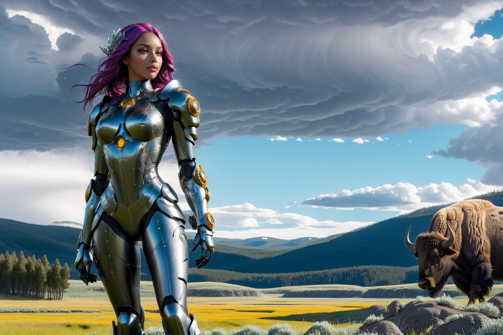 Highly detailed animation of a cyborg girl standing in lamar valley of Yellowstone,20yo,brazilian girl,clear facial features,model body,detailed hair,vibrant colors,perfect body proportions,(highly detailed form-fitting mecha armor),[backdrop:lamarva11ey,outdoors,sky,day, cloud,tree,cloudy sky,grass,nature, beautiful scenery,mountain,winding road,landscape, american bisons],(girl focus)
BREAK 
anime vibes,(fullbody wide shot),rule of thirds,studio photo,(masterpiece,sharp focus,high contrast,HDR, trending on artstation,8K,Hyper-detailed,intricate details,hyper realistic:1.3),cinematic lighting,by Karol Bak, Alessandro Pautasso, Hayao Miyazaki, ani_booster,art_booster,real_booster,photo_b00ster,ani_booster,Decora_SWstyle,Ye11owst0ne
