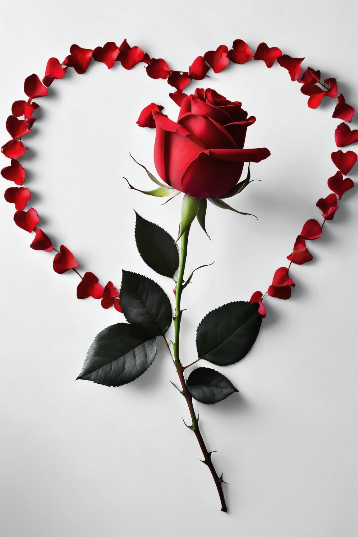 (best quality,8K,highres,masterpiece), ultra-detailed, capturing the essence of Valentine's Day through the symbolism of a single red rose. This artwork focuses on the beauty and complexity of love, represented by the vivid red flower, its delicate petals unfurling around a heart shape. The rose, set against a minimalist backdrop, stands out with its rich color and intricate details, from the soft texture of its petals to the sharp contrast of its thorns, symbolizing the beauty and challenges of love. The plant is not just a flower but a powerful emblem of passion and romance, making it a perfect tribute to Valentine's Day without the need for human figures, emphasizing the universal language of flowers in expressing deep emotions.