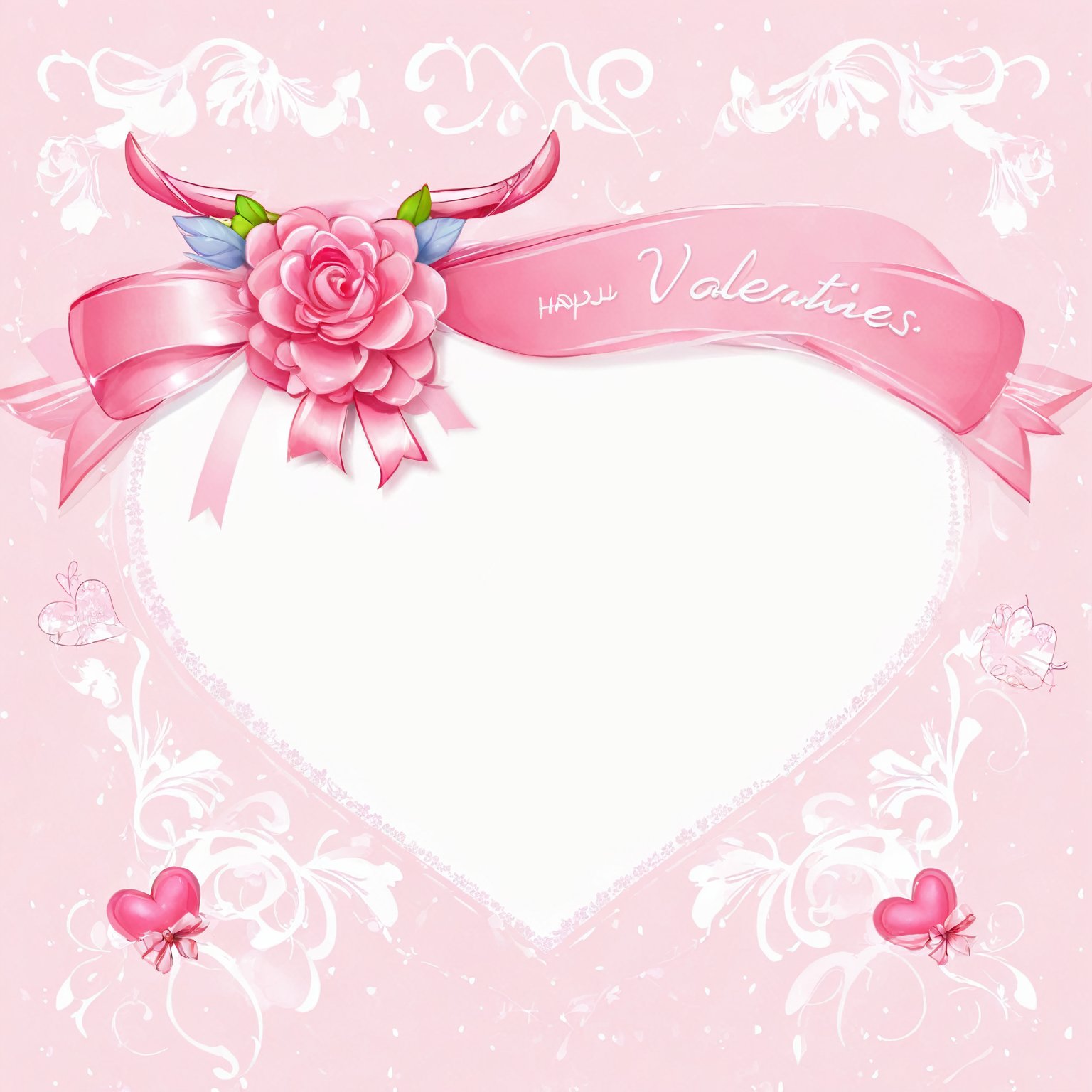 AiArtV,Valentines Day, solo,looking at viewer,simple background,white background,bow,ribbon,flower,hair bow,heart,horns,artist name,no humans,watermark,pink bow