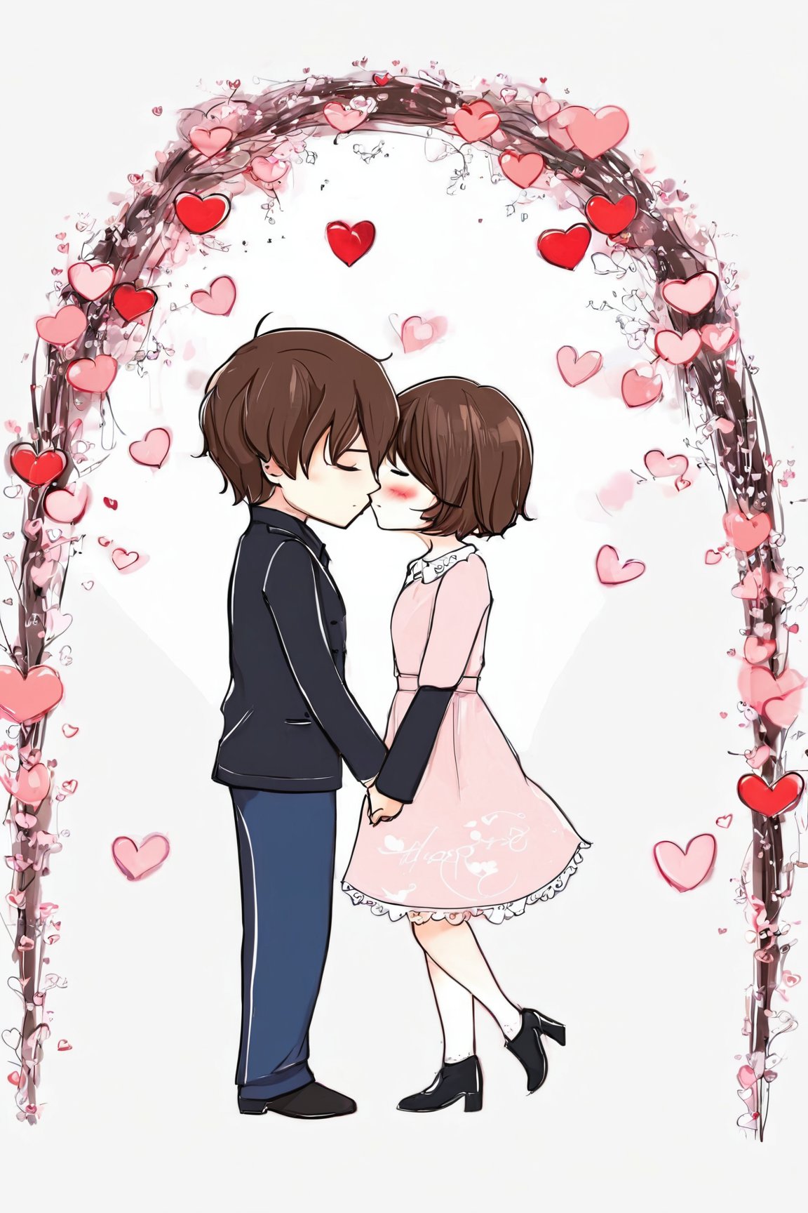 AiArtV,Valentines Day, 1girl,long hair,blush,short hair,brown hair,1boy,dress,closed eyes,hetero,heart,chibi,holding hands,aged down,couple,kiss