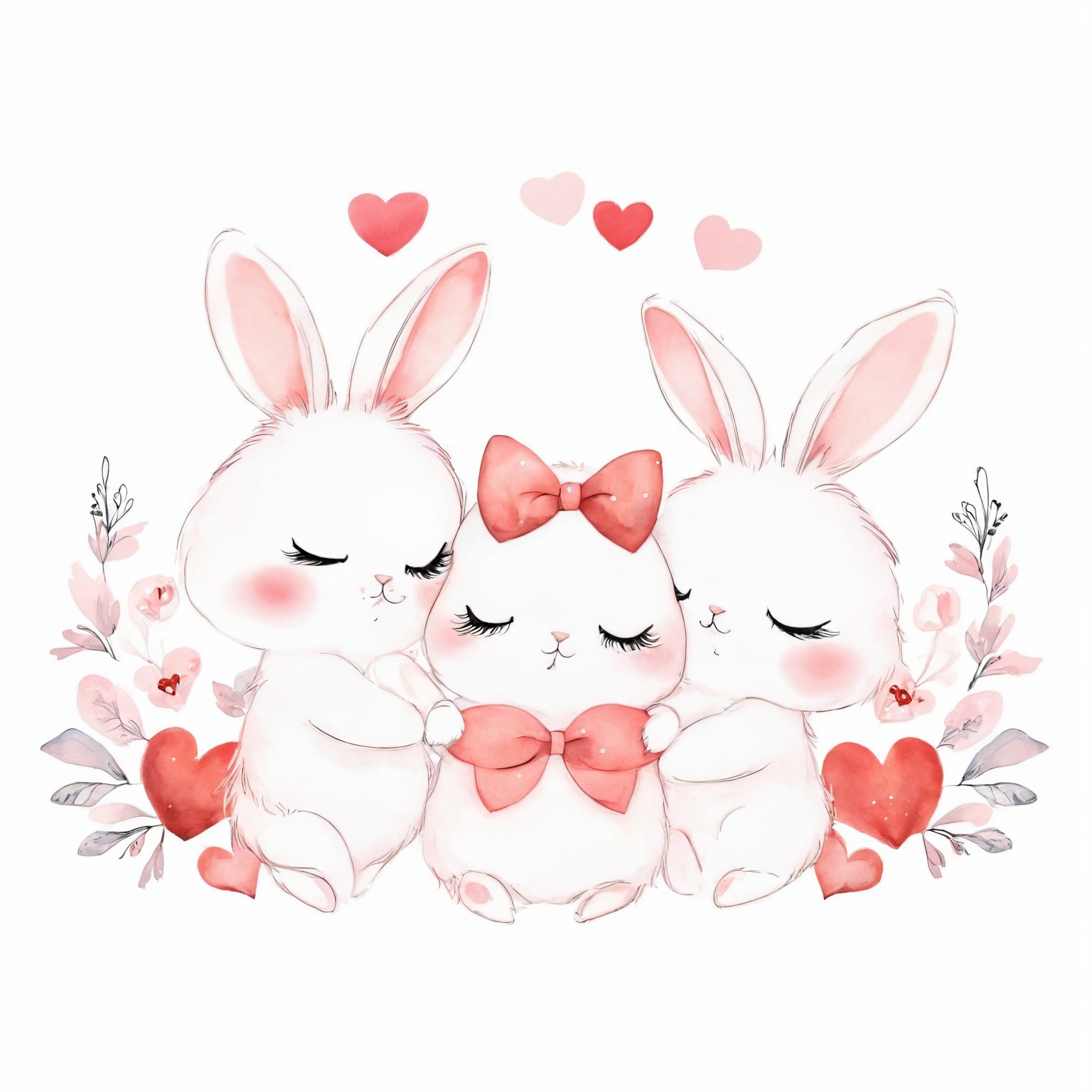 AiArtV,Valentines Day, blush,simple background,white background,dress,bow,2girls,closed eyes,hair bow,heart,no humans,animal,rabbit,heads together,cheek-to-cheek
