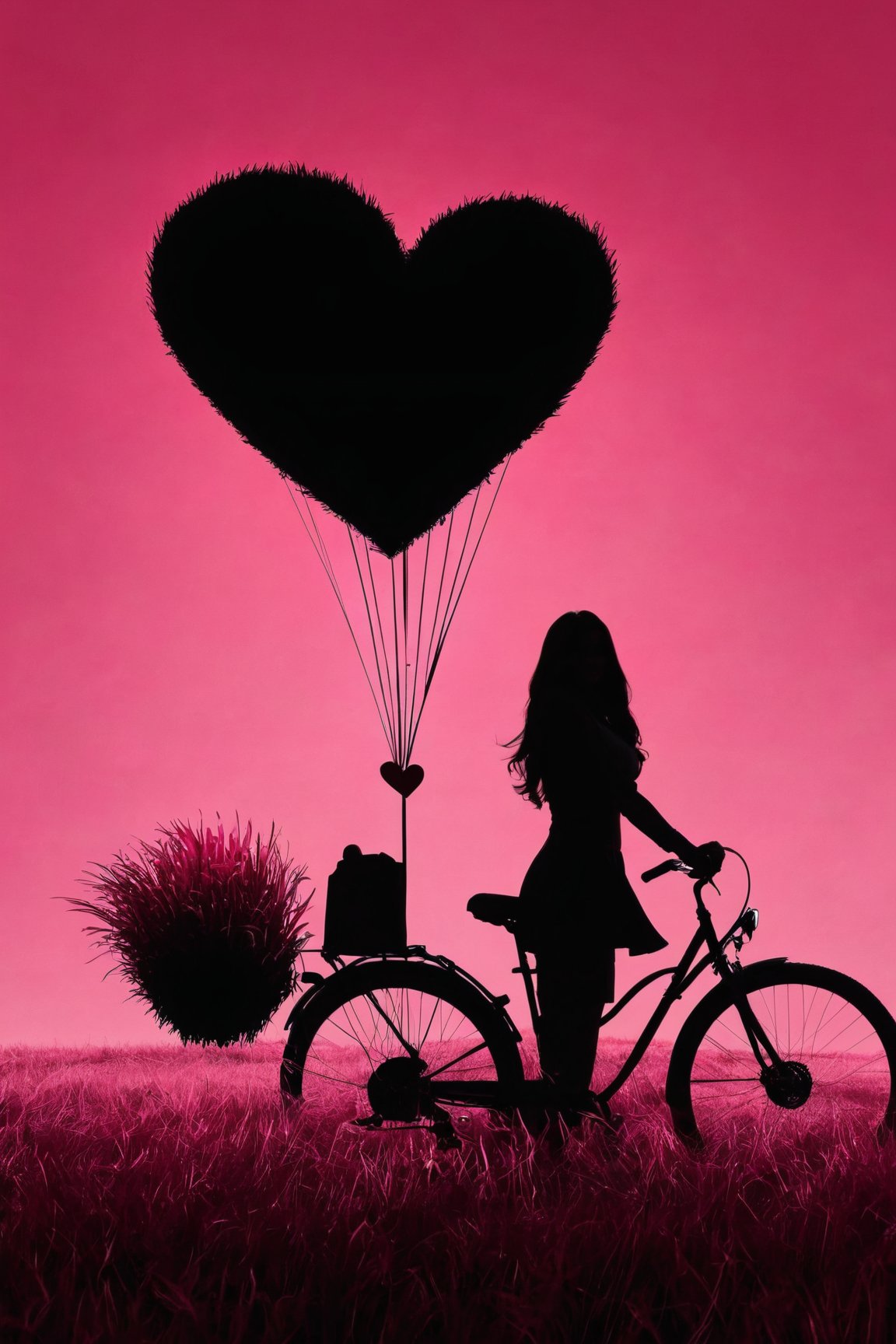 AiArtV, Valentines Day, 1girl, solo, long hair, standing, monochrome, heart, grass, ground vehicle, silhouette, pink theme, bicycle