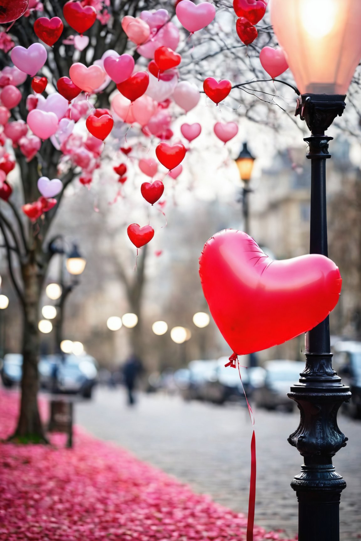 AiArtV,Valentines Day,flower,heart,outdoors,blurry,tree,petals,depth of field,building,scenery,blurry foreground,balloon,lamppost,heart balloon