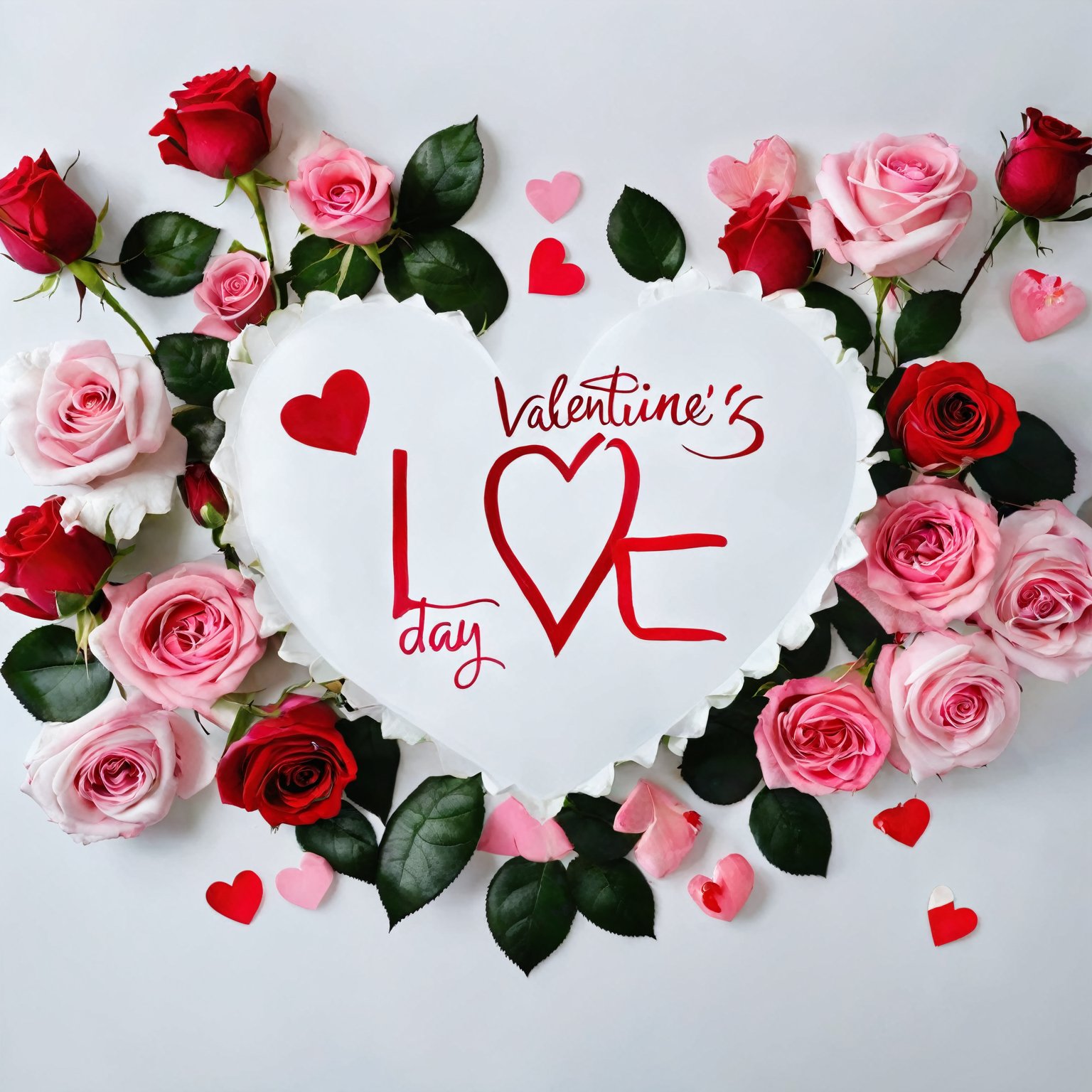 AiArtV,Valentines Day, simple background,white background,flower,heart,signature,no humans,rose,leaf,traditional media,red flower,pink flower,pink rose,still life