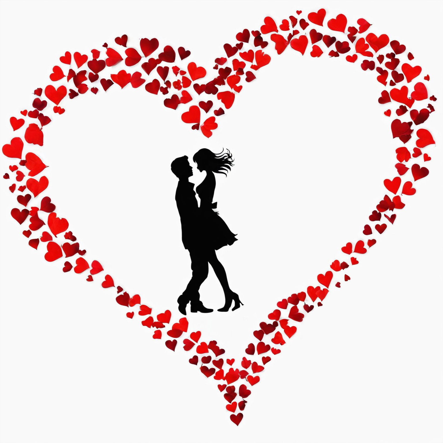 AiArtV,Valentines Day, 1girl,simple background,white background,heart,from side,petals,silhouette,red theme