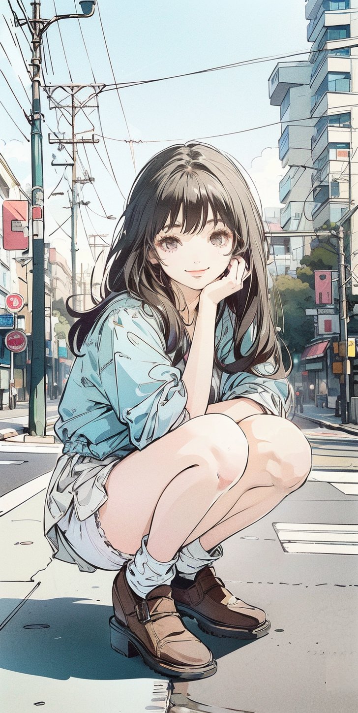 8K quality animation, (high resolution animation), ultra high resolution rendering, (French woman: 1.5), background of building city, (woman squatting with legs spread on the ground: 1.5), long light brown hair, long bangs, (Face looking at you: 1.5), (Pretty face: 1.5), (Smile: 1.5), (Pretty eyes looking at you: 1.5), White jacket, gray frilly shirt, long ribbon, floral pattern with legs spread skirt, (crotch of white panties),Chiaki_Garo_aiwaifu,midjourney,aiwaifu,Anitoon2