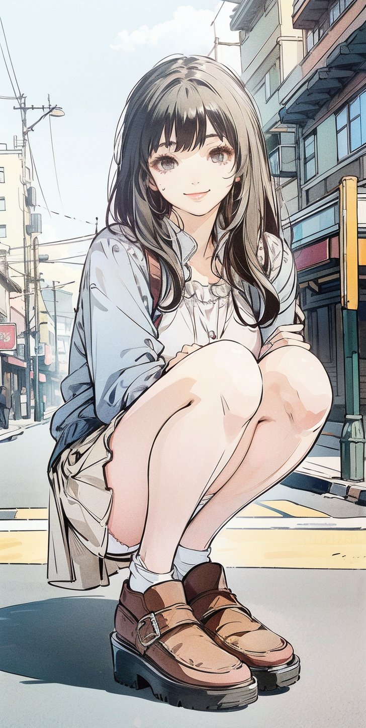 8K quality animation, (high resolution animation), ultra high resolution rendering, (French woman: 1.5), background of building city, (woman squatting with legs spread on the ground: 1.5), long light brown hair, long bangs, (Face looking at you: 1.5), (Pretty face: 1.5), (Smile: 1.5), (Pretty eyes looking at you: 1.5), White jacket, gray frilly shirt, long ribbon, floral pattern with legs spread skirt, (crotch of white panties),Chiaki_Garo_aiwaifu,midjourney,aiwaifu,Anitoon2