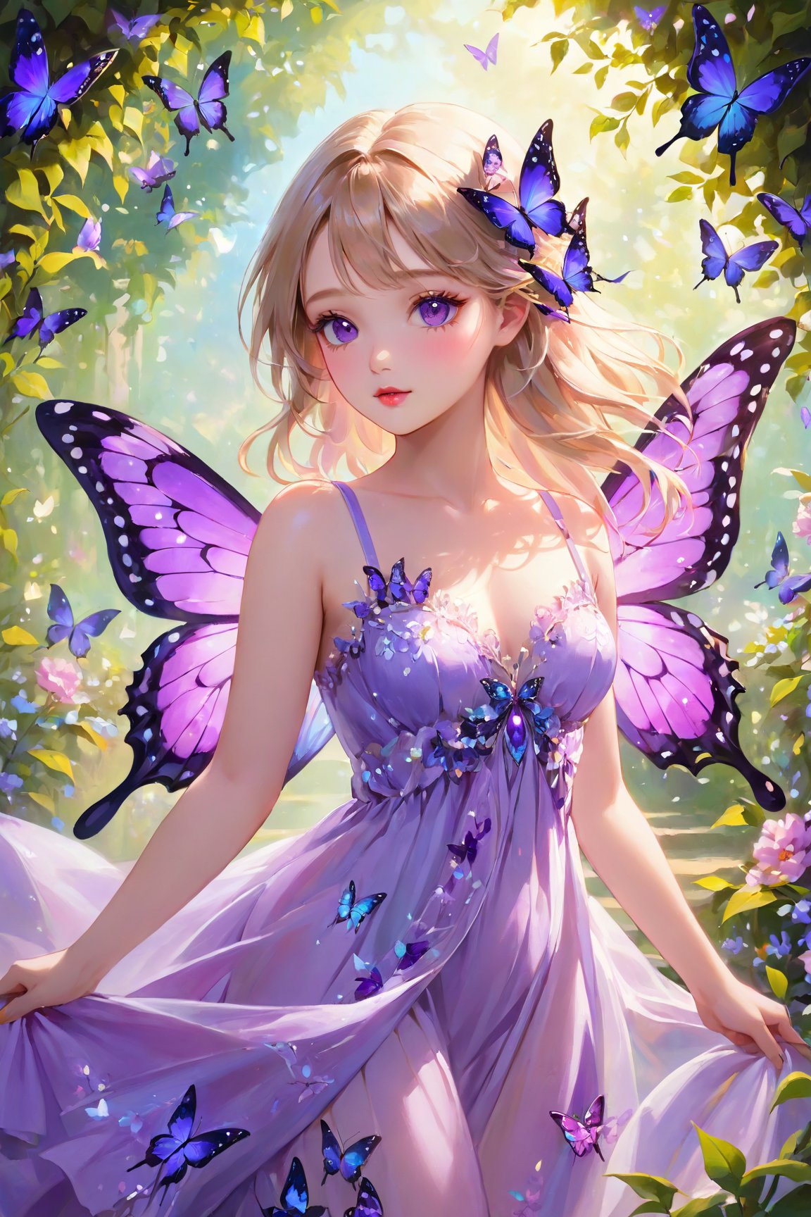 (best quality,4k,8k,highres,masterpiece:1.2),ultra-detailed,Purple butterfly,beautiful detailed eyes,beautiful detailed lips,extremely detailed eyes and face,longeyelashes,artistic oil painting,dreamlike atmosphere,colorful garden background,stunning nature scenery,soft natural lighting,vibrant colors,delicate brushwork,impressive realism,gentle and graceful girl,flowing purple dress,serene expression,ethereal beauty,butterflies floating around the girl,delicate wings with intricate patterns,butterflies symbolizing freedom and transformation,magical and surreal setting,fantasy-inspired artwork,harmonious blend of reality and imagination 