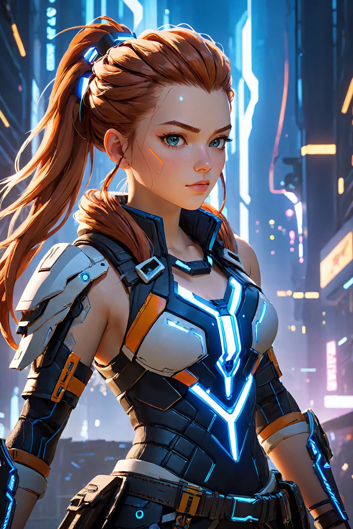 (best quality, 4K, 8K, highres), ultra-detailed, (futuristic cyberpunk illustration) portraying an American Caucasian heroine reminiscent of Aloy from Horizon Zero Dawn. Immerse yourself in a mesmerizing digital realm where this iconic character dons a cutting-edge cyberpunk ensemble, covering her entire figure. The high-resolution artwork unveils a world of urban sleekness, featuring Aloy in a sleek and modern cyberpunk outfit that gleams with reflective surfaces and neon accents, creating a visually striking and technologically advanced aesthetic. The artist's skilled strokes vividly capture Aloy's determination and strength, with atmospheric lighting that intensifies the cyberpunk ambiance. An exceptional masterpiece that seamlessly fuses gaming and cyberpunk elements, presenting Aloy in a new light that resonates with awe-inspiring futuristic glory