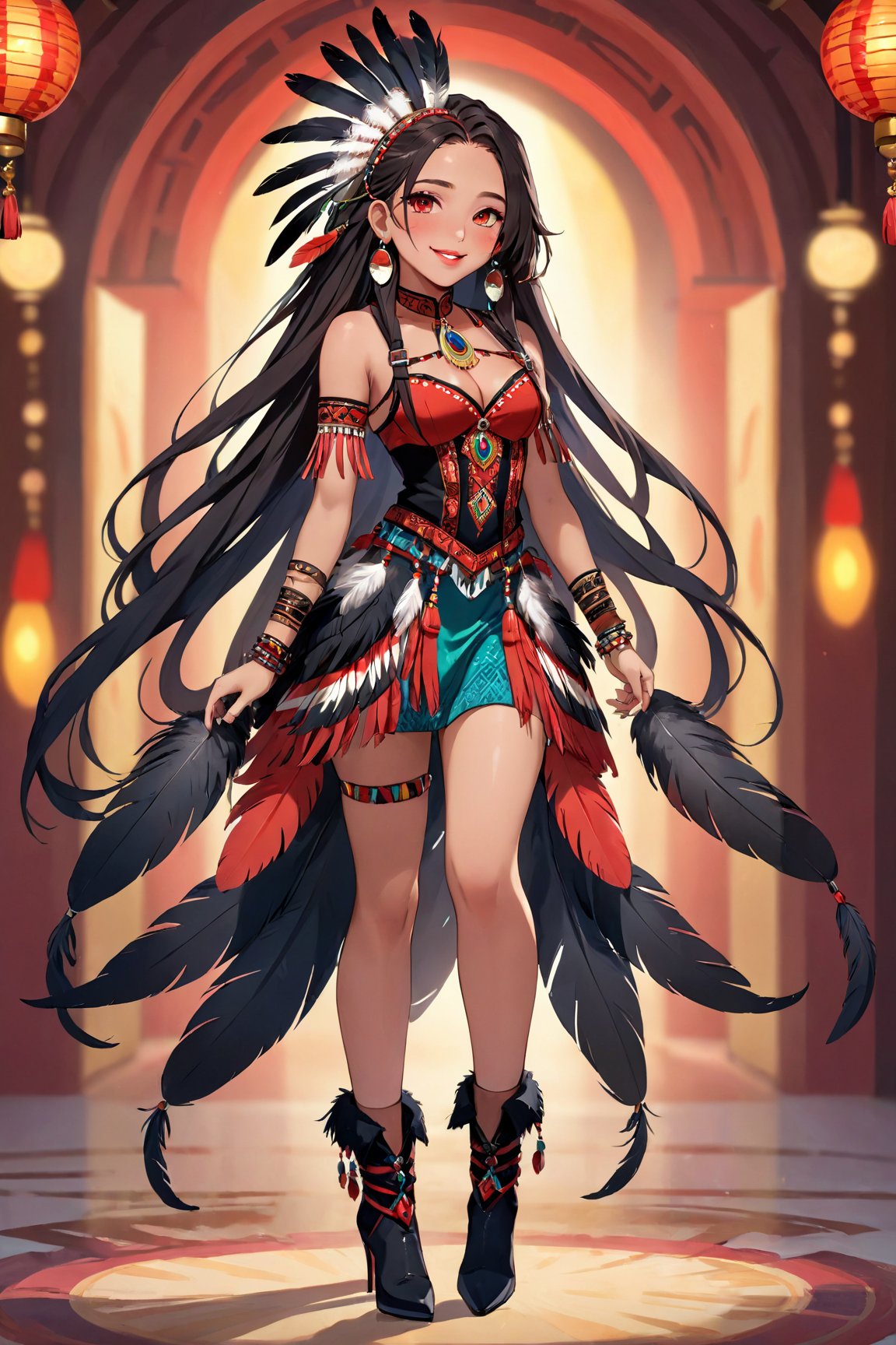 (best quality, 4k, highres, masterpiece:1.2), ultra-detailed, indigenous girl, red black harness, feathers in long dread hair, high heels boots, accessories on arm, beautiful detailed eyes, beautiful detailed lips, ethnic clothing, traditional patterns, graceful posture, subtle smile, vibrant colors, bokeh lighting, portraits