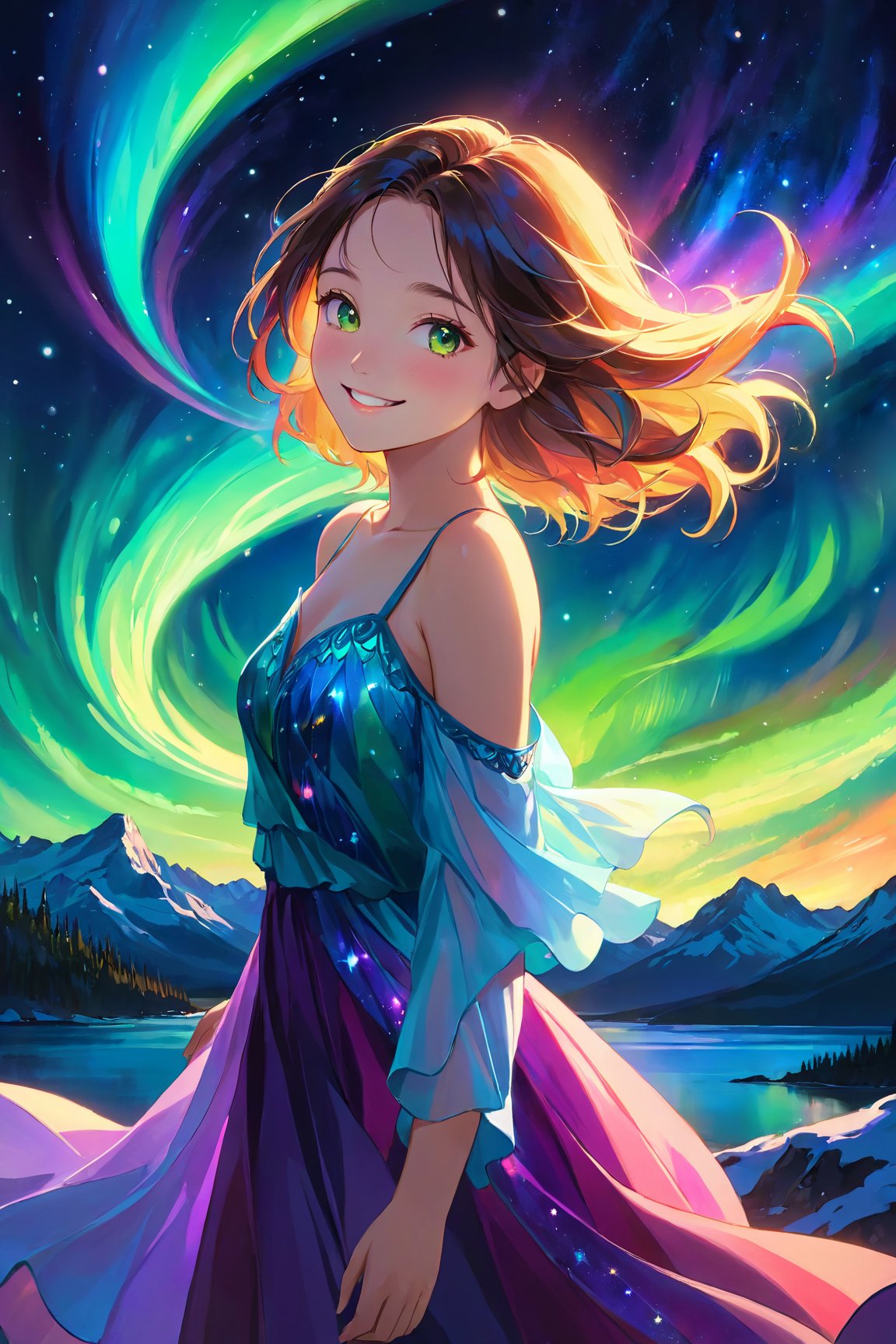 (best quality, 8K, highres, masterpiece), ultra-detailed, (super colorful, vibrant), enchanting image of a beautiful girl with a shoulder-length angled blunt-ends hairstyle. Her smile radiates warmth and positivity without any hint of arrogance. She stands gracefully under the mesmerizing glow of the aurora borealis in a vibrant night scene. The surrounding atmosphere is filled with a kaleidoscope of colors, creating a vibrant and ethereal dance of light. The girl embodies Nocturnal Grace, exuding Silent Luminescence amidst the Midnight Flutter of colors and the Whispering Silent beauty of the night. Every moment is an Iridescent Encounter with the Moonlit Shadow, celebrating a captivating and colorful display of artistry.