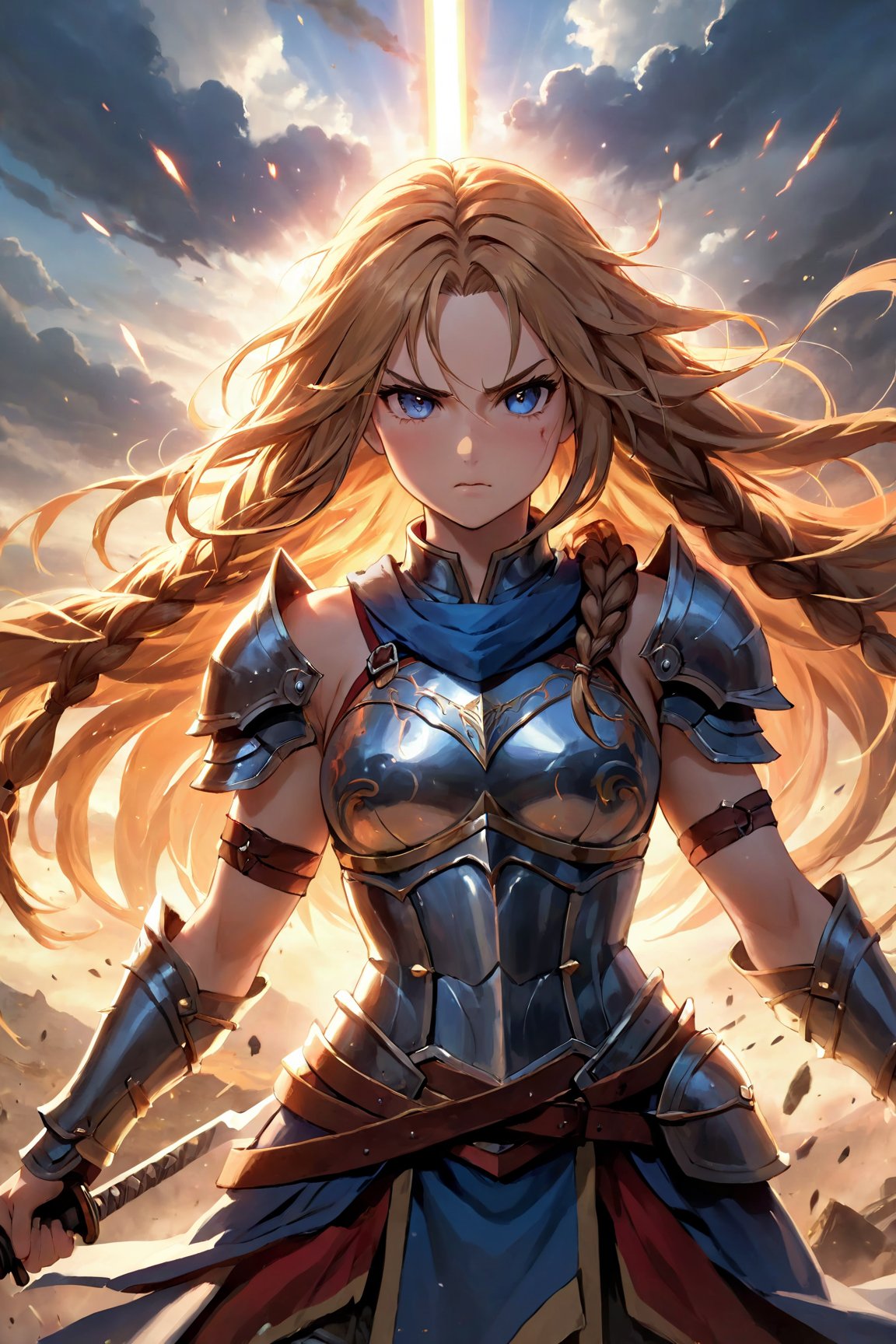 (best quality,4k,8k,highres,masterpiece:1.2),ultra-detailed,warrior,1girl,helmet,armor,sword,strong,brave,heroic,possession of power,determination,courage,adventure,dauntless expression,intense gaze,fit and muscular physique,confident posture,fighting stance,background of a battlefield,dark and ominous atmosphere,streaks of sunlight piercing through the clouds,dramatic lighting,dusty smoke,gritty texture,vivid colors,contrasting shadows,war cries and battle sounds,energetic movement,swift and precise sword strikes,explosions and debris,emotionally charged,chaotic battlefield,undying spirit,defender of justice,mysterious aura,powerful aura emanating from the warrior,girl with long flowing hair,braided hair,warrior's scars,a symbol of strength and resilience,deep and piercing eyes,sharp facial features,dirt and blood stains on the armor,determination and resolve in her eyes,heroic wind blowing through her hair,dynamic composition,epic and grand scale of the battle,unstoppable force,legend in the making,marks of victories on her armor,ultimate warrior,legendary warrior.