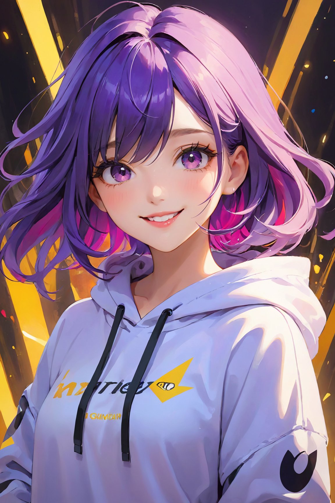 (best quality,4k,8k,highres,masterpiece:1.2),ultra-detailed,beautiful detailed eyes,beautiful detailed lips,extremely detailed eyes and face,longeyelashes,1girl,Graphic Hoodie,Smiling,Purple Hair,Long Hair with bangs,soft and smooth hair,sparkling eyes,playful expression,vibrant colors,expressive features,stylish outfit,artistic background,creative composition,impressive lighting,subtle shadows,high contrast,optimal exposure,attention to details,medium:oil painting,textured brushstrokes,dynamic lines and shapes,fine fabric details,realistic skin tones,pleasing proportions,fashionable style,modern interpretation,artistic flair,high-quality execution,alluring charm,sophisticated and cool vibe,sense of confidence and joy,seamless integration of elements,lively atmosphere,color harmony and balance,eye-catching artwork,unique and captivating visual experience,memorable and impactful piece.