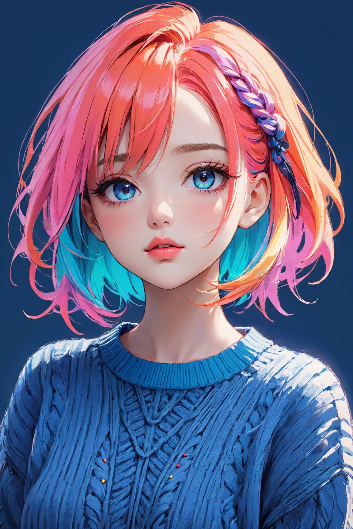 (best quality,realistic,anime:1.2),sketch,lip,beautiful detailed eyes,beautiful detailed lips,extremely detailed eyes and face,long eyelashes,strong expressions,soft touch,expressive poses,1girl,modern outfit,stylish clothes,neon hair,artistic brushstrokes,clean lines,vibrant colors,contrast,highlights,shadows,blue gradient background,texture,embroidered sweater,chic style,dynamic composition,interesting angle,textured crop,fashionable,cool vibes