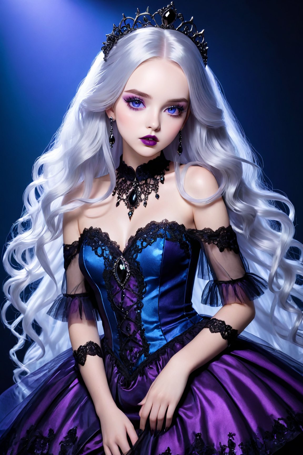 (best quality, photorealistic, high fashion, high detailed, high light), (glossy magazine photo:1.2), (young British woman:1.3), (posing for magazine:1.2), (gothic style:1.3), (long silver hair:1.2), (tulle-lace purple dress:1.3), (decorated with black diamonds:1.3), (full lips:1.2), (big ocean blue eyes:1.3), (metallic gothic makeup:1.3), (bright studio lights:1.3).