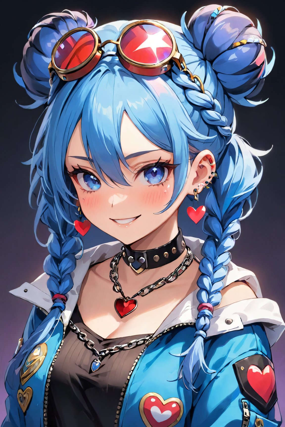 (best quality, 4k, 8k, highres, masterpiece:1.5), ultra-detailed,anime, 1girl,solo,long hair,looking at viewer,blush,smile,blue eyes,jewelry,blue hair,jacket,upper body,braid,:d,heart,multicolored hair,earrings,fang,anecklace,hair bun,twin braids,collar,double bun,tattoo,chain,piercing,goggles,ear piercing,bandaid,spikes,goggles on head,bandaid on face,spiked collar,chain necklace,sticker,jinx (league of legends)