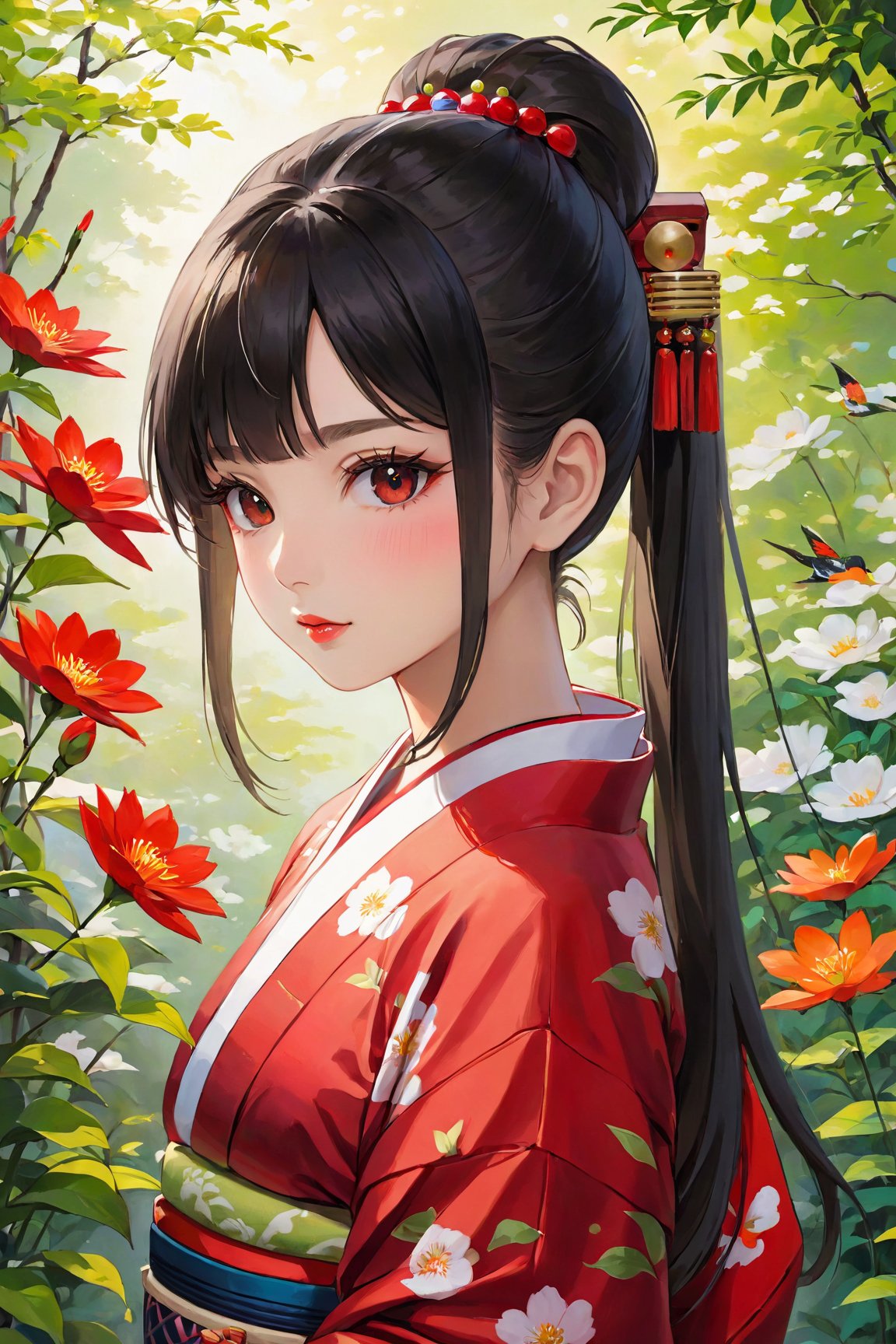 1girl, beautiful detailed eyes, beautiful detailed lips, extremely detailed eyebrows and face, long eyelashes, stripe bead necklace, black hair styled in a spiked ponytail, wearing a simple kimono with red open clothes. The artwork is created using oil paint on canvas, with high resolution and ultra-detailed brushstrokes. The painting showcases a picturesque garden scene with vibrant colors and vivid flowers in full bloom. The girl is depicted standing gracefully amidst the floral landscape, her posture conveying a sense of tranquility and elegance. The lighting in the painting is soft and ethereal, casting gentle shadows on the girl's face and adding depth to the overall composition. The color palette is dominated by various shades of red, creating a warm and inviting atmosphere. The art style blends elements of traditional Japanese art with a touch of contemporary flair, resulting in a captivating fusion of East-meets-West aesthetics.