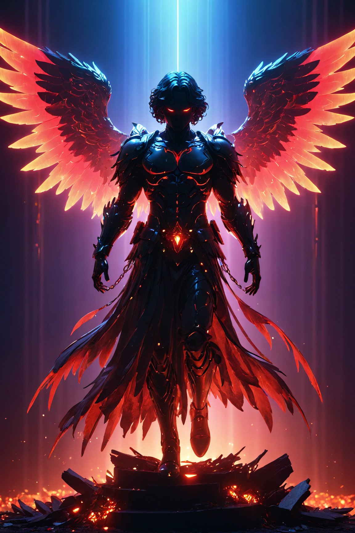 (best quality,4k,8k,highres,masterpiece:1.2),ultra-detailed,dark silhouette of a rotten archangel man,ghostly figure,neon lights,light particles,colorful,red,black colors,strong backlighting