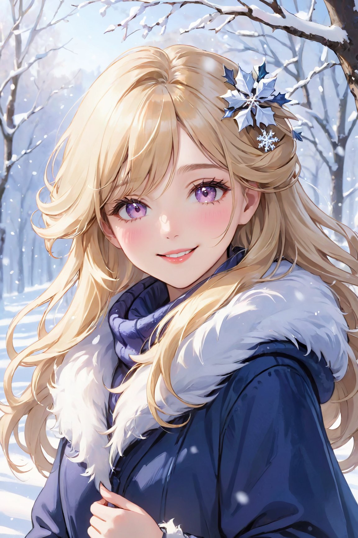 (best quality,4k,8k,highres,masterpiece:1.2),ultra-detailed,portrait,beautiful and smiling caucasian woman,cinematic,winter clothes,Ondas e Nuances,detailed symmetric hazel eyes,circular iris,vivid colors,winter scenery,soft snowflakes falling,icy breath,rosy cheeks,pure white background,subtle warm lighting,innocence and radiance,sparkling eyes,joyful expression,luxurious fur trim on the clothing,frosty winter air,subtle wind blowing through her hair,subtle hint of pink in her lips,elegant posture,confident stance,delicate snowflakes decorating her hair,long flowing blonde hair,wonder and serenity in her gaze,captivating beauty,snow-covered trees in the background,peaceful and enchanting winter scene.