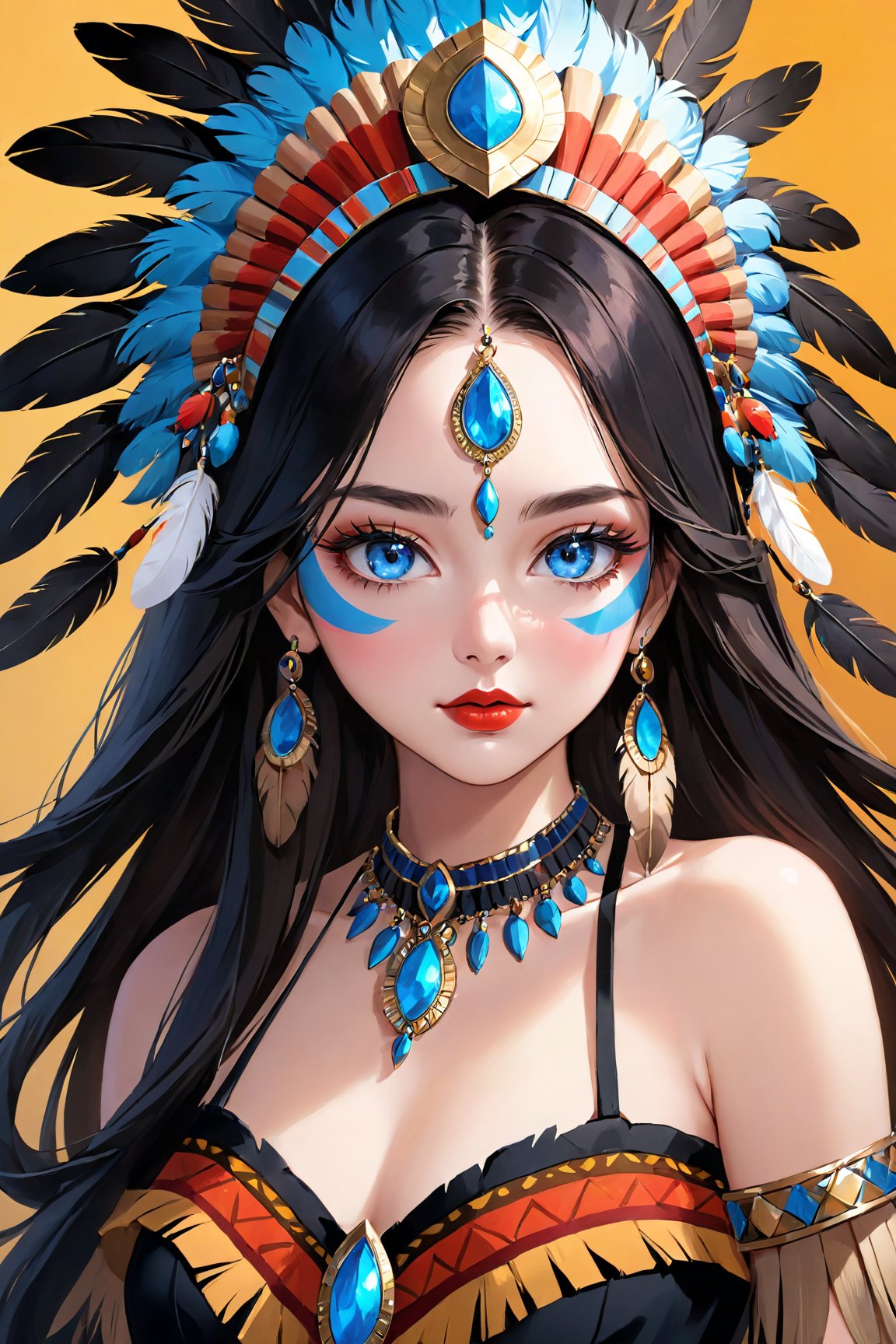 (best quality,8K,highres,masterpiece), ultra-detailed, (realistic portrait) of a girl, solo, showcasing long, flowing black hair and captivating blue eyes that hold the viewer's gaze. This portrait emphasizes her striking features enhanced by meticulous makeup, including vivid lipstick that accentuates her lips. She wears exquisite jewelry, a necklace that complements her attire, and is adorned with a unique headdress featuring feathers, adding a majestic and ethereal quality to her appearance. The inclusion of a mask and face paint draws inspiration from Native American traditions, enriching the portrait with cultural depth and significance. The overall composition is a celebration of beauty, tradition, and the artistry of makeup and adornment, rendered with lifelike precision and attention to detail.
