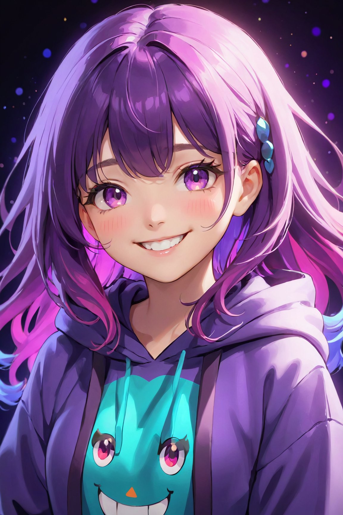 (best quality,4k,8k,highres,masterpiece:1.2),ultra-detailed,1girl,Graphic Hoodie,Smiling,Purple Hair,Long Hair with bangs,vibrant colors,studio lighting,rendered Illustration,detailed facial features,dark background,eyeshadow,mischievous expression,playful pose,sparkling eyes,colorful highlights,bokeh