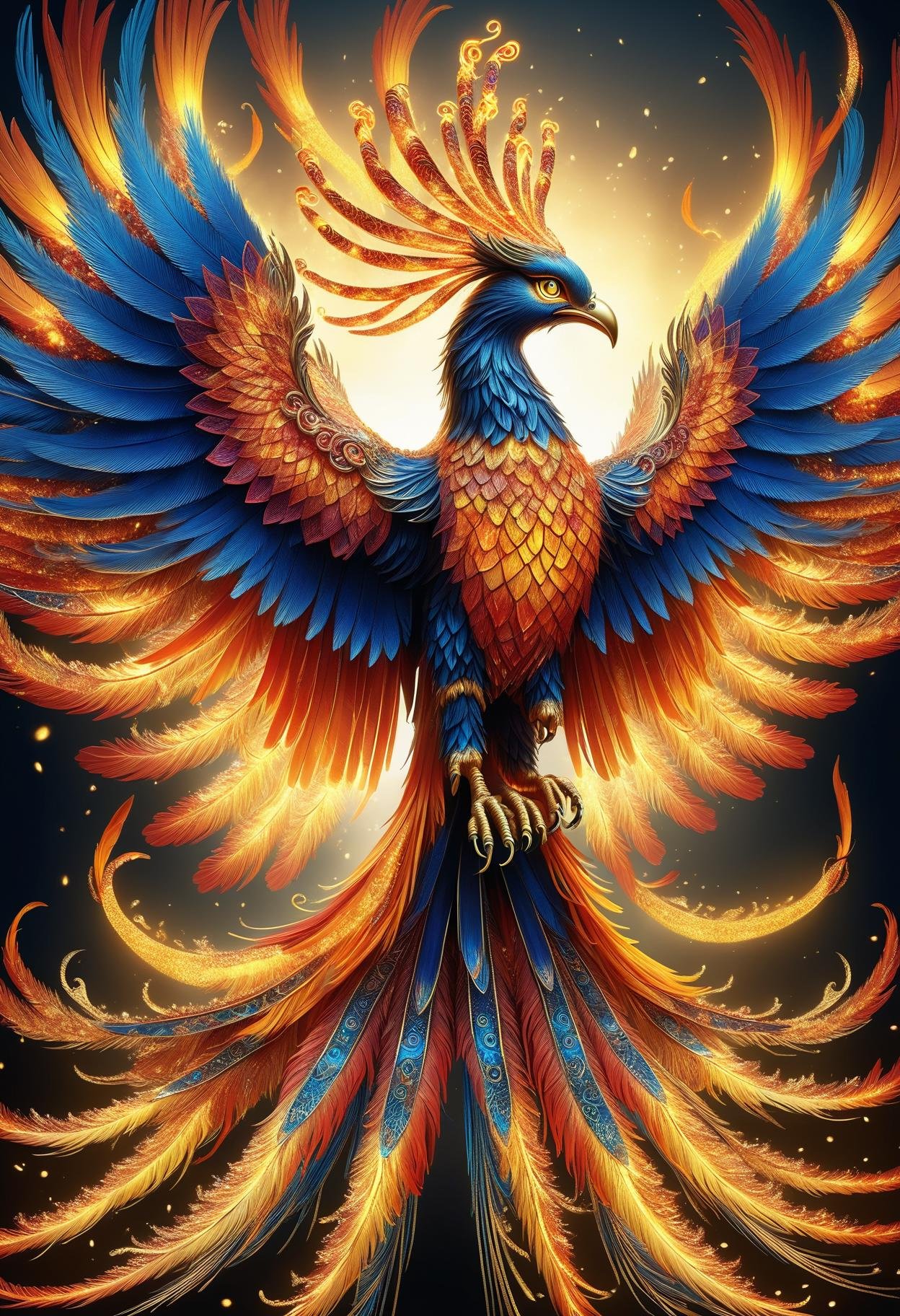 hyper detailed masterpiece,realistic,DonM1un4rN3wY34rXL  phoenix, mythical powerful bird, in flames, vibrant colors,, large and majestic wings long flowing tail feathers, resplendent radiant plumage immortality, renewal, rebirth, sun and fire  in  military history ,ornamented  <lora:myLora\DonM1un4rN3wY34rXL-000006:.8>,