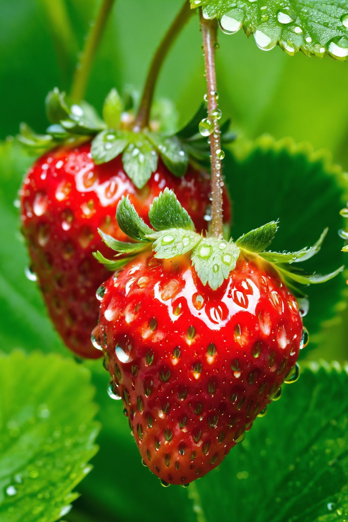 (best quality,highres),ripe red strawberries nestled in a bed of vibrant green leaves, glistening with droplets of dew in the morning sunlight, water droplet,close-up,macro photography,rich colors,luscious fruit,refreshing summertime,delicious snack,juicy berries,sparkling highlights