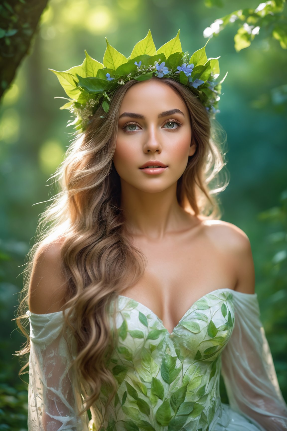 (best quality, 4k, 8k, highres, masterpiece:1.2), ultra-detailed, (realistic, photorealistic, photo-realistic:1.37), nature goddess, leaf body, portrait, greenery, wildflowers, breathtaking eyes, serene expression, graceful pose, ethereal beauty, luminous skin, flowing hair, elegant crown of leaves, soft natural light, vibrant colors, mythical essence, surreal atmosphere, dreamlike aura, harmonious connection with nature, enchanted forest.