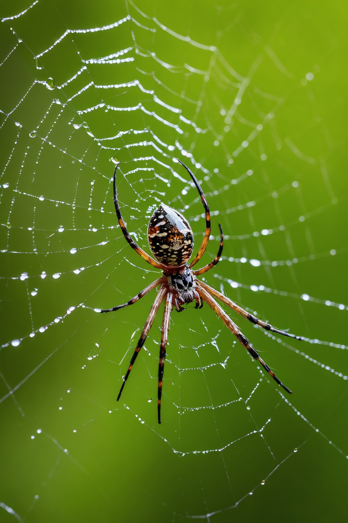 (best quality, 8K, highres, masterpiece), ultra-detailed close-up macro photography of a spider, positioned delicately on its web. The web, a masterpiece of natural engineering, is highlighted with water droplets that shimmer like jewels in the soft, diffused light of the forest background. Each droplet reflects the surrounding environment, creating a mosaic of the forest's beauty. The focus is razor-sharp on the spider, showcasing its intricate patterns and textures, while the web it has spun stretches out, capturing the elegance and fragility of its design. The forest background adds depth and context, blurring softly to emphasize the spider and its web in sharp relief. This image combines the wonders of nature with the artistry of macro photography, capturing a moment of serene beauty and the delicate balance of life in the forest ecosystem.