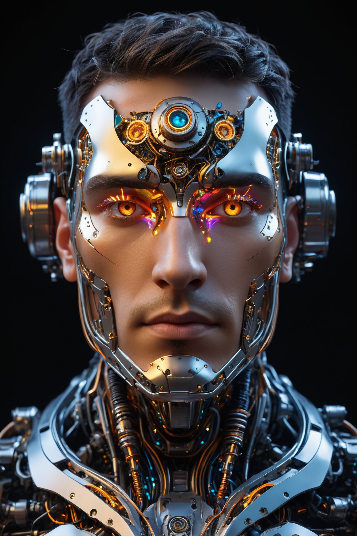 (best quality, 8K, highres, masterpiece), ultra-detailed, capturing a man with a fantastical fusion of human and machine, showcasing a robotic mechanical face and body parts that blend seamlessly into his vibrant, stainless steel skin. His eyes sparkle with a metallic sheen, enhanced by colorful glimmers and neon lights that trace the precision-engineered gears and circuitry beneath his surface. This portrayal steps into a realm where advanced technology meets the whimsical, with the dark background giving way to bursts of glowing neon accents, adding a layer of fantasy to the futuristic, industrial aesthetic. Steampunk elements weave through the design, lending an air of imaginative craftsmanship to his meticulously detailed facial features, including a digital display embedded in the forehead. The mix of human and machine is highlighted by expressive movements and a shoulder-mounted robotic arm that casts a dynamic, powerful silhouette against a canvas filled with bright, fantastical colors and soft, dream-like lighting, bringing a more vibrant, fantastical dimension to the cyborg style.