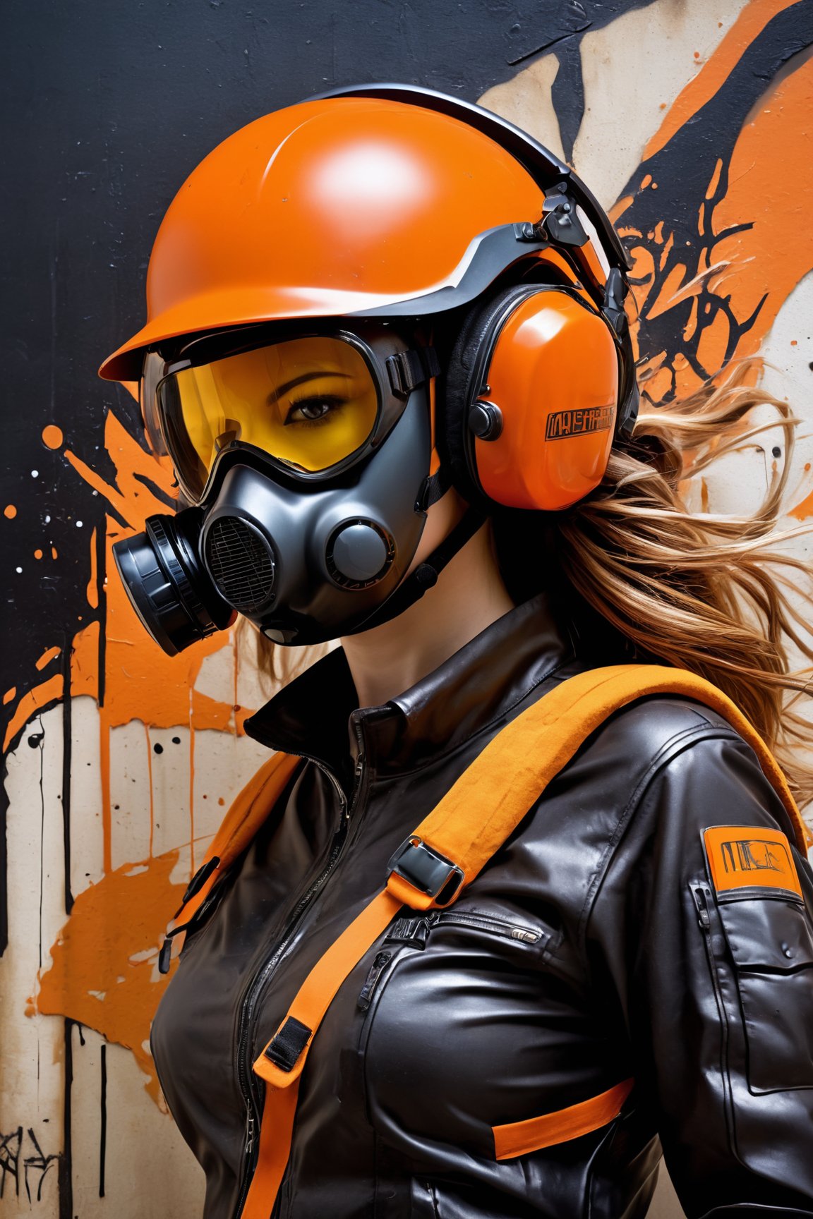 (best quality,highres,masterpiece:1.2),ultra-detailed,(realistic,photo-realistic:1.37),electronic woman with a pest control helmet and mask,dark black and orange, spray painted realism,graphic novel,melting abstract brushstrokes,meticulous detailing,vibrant colors,dynamic composition,light and shadow contrast,industrial backdrop,gritty atmosphere,stylized graffiti,urban decay,sharp lines,strong outlines,modern technology,experimental art,mysterious aura,expressive emotions,uncanny realism,subtle textures,dramatic lighting,striking visual impact,vivid storytelling,immersive aesthetics,strong visual narrative,action-packed scene,innovative visual perspective,pop art influence,edgy and futuristic,hauntingly beautiful,otherworldly presence,post-apocalyptic vibes,eerie ambiance,unexpected juxtapositions,graceful movement,electrifying energy