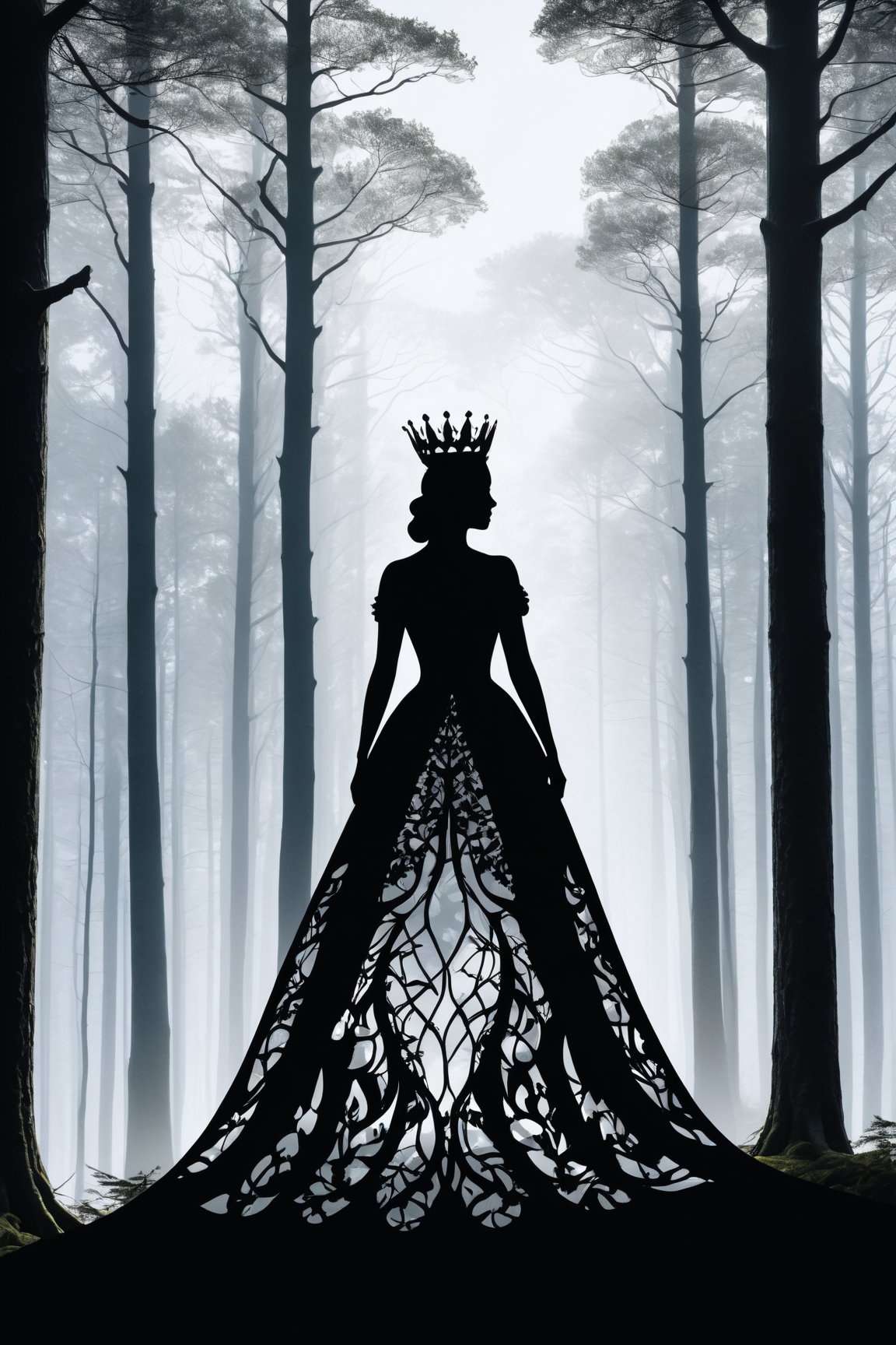 (best quality,8K,highres,masterpiece), ultra-detailed, presents a striking silhouette of a Nordic queen, her form ingeniously filled with the dense, intricate beauty of a forest through the art of double exposure. The image is rendered in sharp, crisp lines that define the queen's regal outline, while the monochrome background serves to highlight the complexity and depth of the forest within her. This blend of human elegance and natural wilderness captures a powerful symbol of unity between leadership and the environment. The queen's silhouette, outlined against a stark, monochrome backdrop, evokes a sense of timeless strength and the enduring connection between nature and sovereignty.