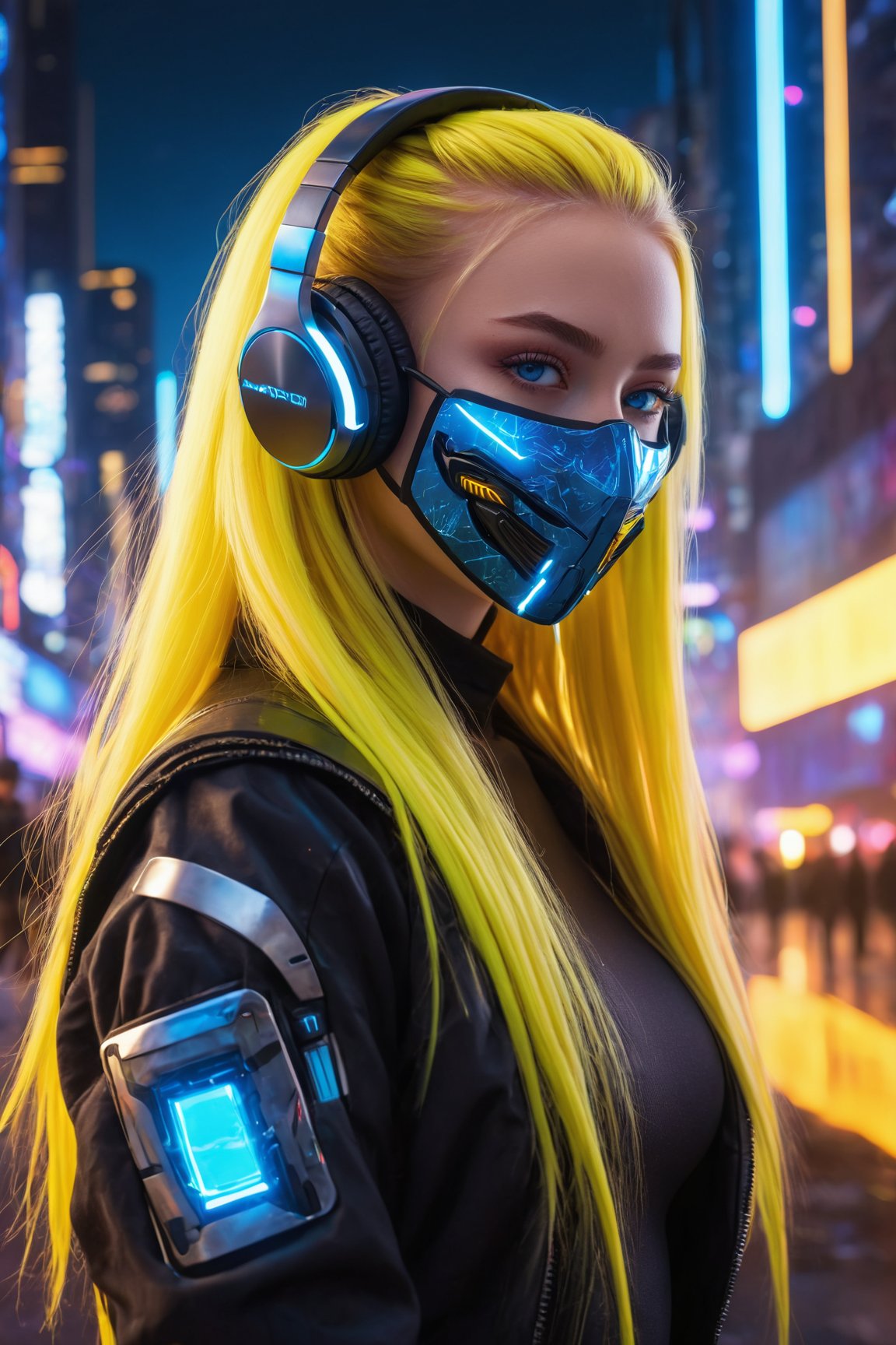 (best quality,4k,8k,highres,masterpiece:1.2),ultra-detailed,1girl,long yellow hair,blue eyes,futuristic vibes,mask,headphones,glowing eyes,neon lights,cyberpunk style,colorful cityscape:animated,high-tech gadgets,reflective surfaces,shiny metallic accessories,holographic displays,urban setting:1.1,vibrant colors,edgy atmosphere,sci-fi fashion,urban ninja,cool pose,urban nightlife,street art graffiti:spray painted everywhere,light trails,nighttime ambiance:1.1,futuristic architecture,technological advancements,advanced transportation systems,enhanced vision,confidence,attitude:1.1
