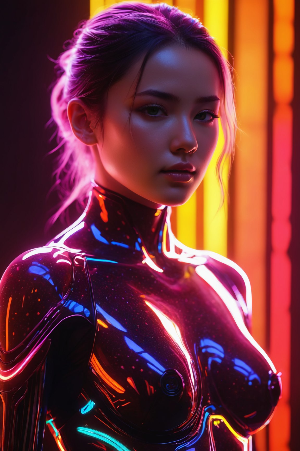 silhouette of a woman, phantasmagorical figure, translucent skin, translucent body, portrait, neon lights, light particles, colorful, cmyk colors, backlit, best quality, 4k, 8k, highres, masterpiece:1.2, ultra-detailed, HDR, UHD, studio lighting, ultra-fine painting, sharp focus, physically-based rendering, extreme detail description, professional, vivid colors, bokeh, portraits, landscape, horror, anime, sci-fi, photography, concept artists, vibrant color palette, soft and warm lighting