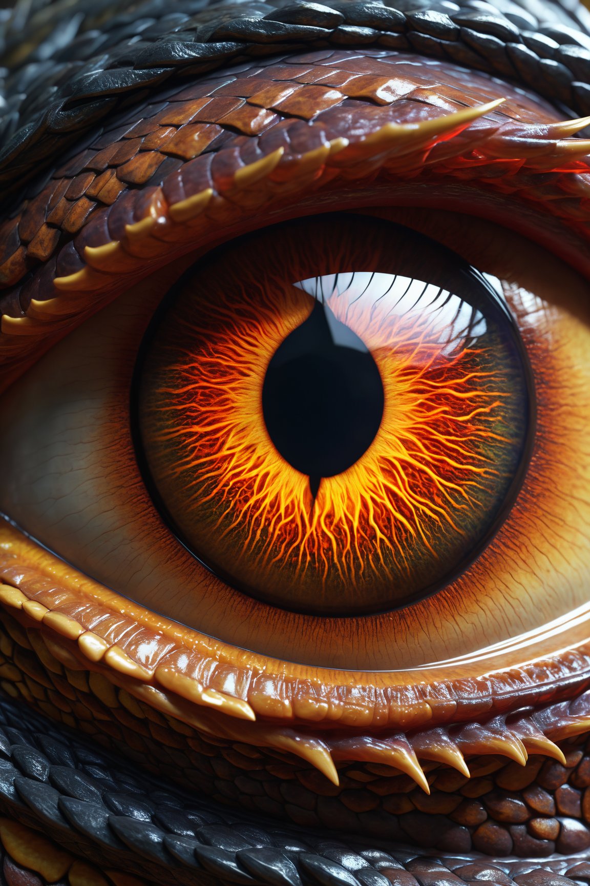 (best quality, 8K, highres, masterpiece), utilizing Octane render for hyper-detailed, sharp focus depiction of a dragon's eye in a macro photography style. This image captures the intricate textures and vibrant colors of the dragon's eye, revealing the depth and complexity within. The scales surrounding the eye glisten with a realism that seems almost tangible, each scale meticulously crafted to reflect light and shadow with precision. The pupil, a slit against the fiery iris, holds an intensity that suggests ancient wisdom and primal ferocity. The use of Octane render enhances the visual impact, bringing out the luminosity and detailed textures in stunning clarity, creating a mesmerizing image that invites the viewer to gaze into the mythical depth of a creature from legend, captured as if through the lens of a high-end macro camera, focusing intensely on the beauty and mystery of the dragon's gaze.