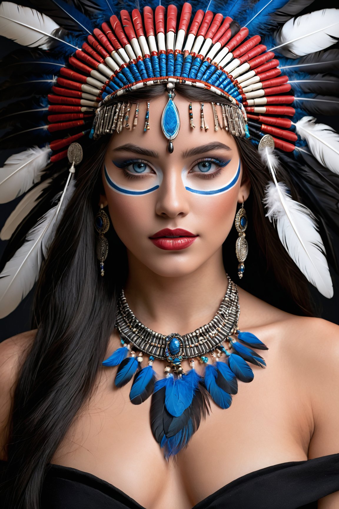 (best quality,8K,highres,masterpiece), ultra-detailed, (realistic portrait) of a girl, solo, showcasing long, flowing black hair and captivating blue eyes that hold the viewer's gaze. This portrait emphasizes her striking features enhanced by meticulous makeup, including vivid lipstick that accentuates her lips. She wears exquisite jewelry, a necklace that complements her attire, and is adorned with a unique headdress featuring feathers, adding a majestic and ethereal quality to her appearance. The inclusion of a mask and face paint draws inspiration from Native American traditions, enriching the portrait with cultural depth and significance. The overall composition is a celebration of beauty, tradition, and the artistry of makeup and adornment, rendered with lifelike precision and attention to detail.