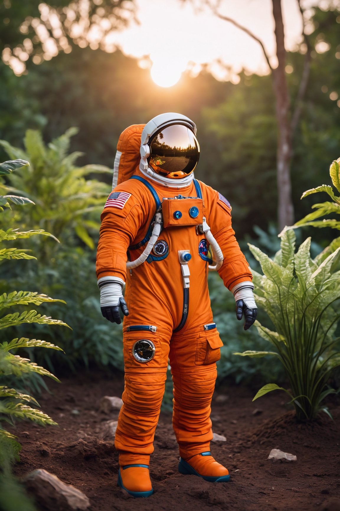 An astronaut in an orange astronaut outfit, standing against a sunset background. The astronaut is positioned front facing and is shown from the waist up. The sunset provides a warm and vibrant color palette. The scene is surrounded by lush plants, adding a touch of nature to the composition. The image quality is top-notch and high-resolution, with ultra-detailed features. The style of the artwork is realistic, with vivid colors and professional craftsmanship. The lighting accentuates the astronaut's figure, creating a captivating atmosphere.