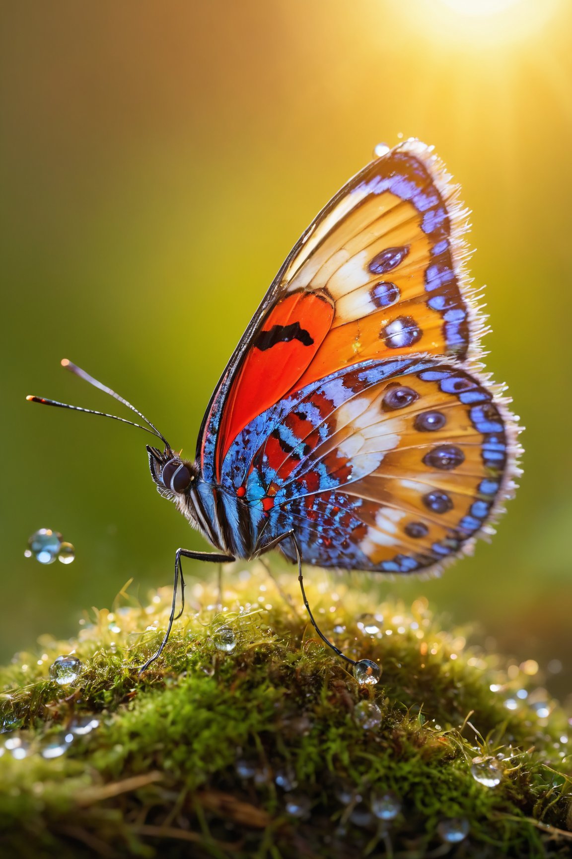 (best quality,4k,highres,masterpiece:1.2),ultra-detailed,extremely vibrant butterfly with dew on a moss, glowing under the soft morning light of a sunrise in the background. The macro shot captures the colorful details of the butterfly's delicate wings, showcasing its intricate patterns and mesmerizing beauty. The dew drops on the moss add a touch of freshness and enhance the overall atmosphere of the scene. The natural lighting creates a soft, ethereal glow, illuminating the butterfly and highlighting its vibrant colors. The bokeh in the background adds a dreamy and magical feel to the composition, further enhancing the sense of wonder and tranquility. Get ready to be captivated by the vivid and vibrant world of this enchanting butterfly in the midst of nature's serene and peaceful embrace.