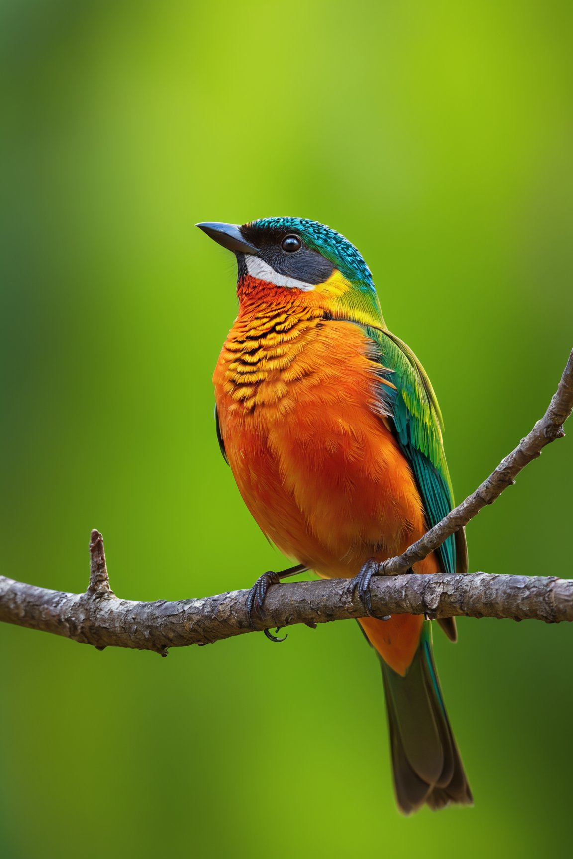 a colorful bird sitting on a tree branch, capturing the intricate details with macro photography, vibrant colors and the smallest of details, showcasing the beauty of nature, (best quality, 4K, highres, realistic:1.37) to ensure a masterpiece, capturing the bird's feather patterns in ultra-detailed precision, emphasizing the distinct hues and shades, highlighting the bird's unique characteristics, the luscious green of the tree branch contrasting with the rich, vibrant colors of the bird, creating a visually stunning image, with studio lighting to enhance the bird's features, capturing its beady eyes and delicate beak, the soft glow of natural sunlight illuminating the scene, creating a warm and welcoming atmosphere.