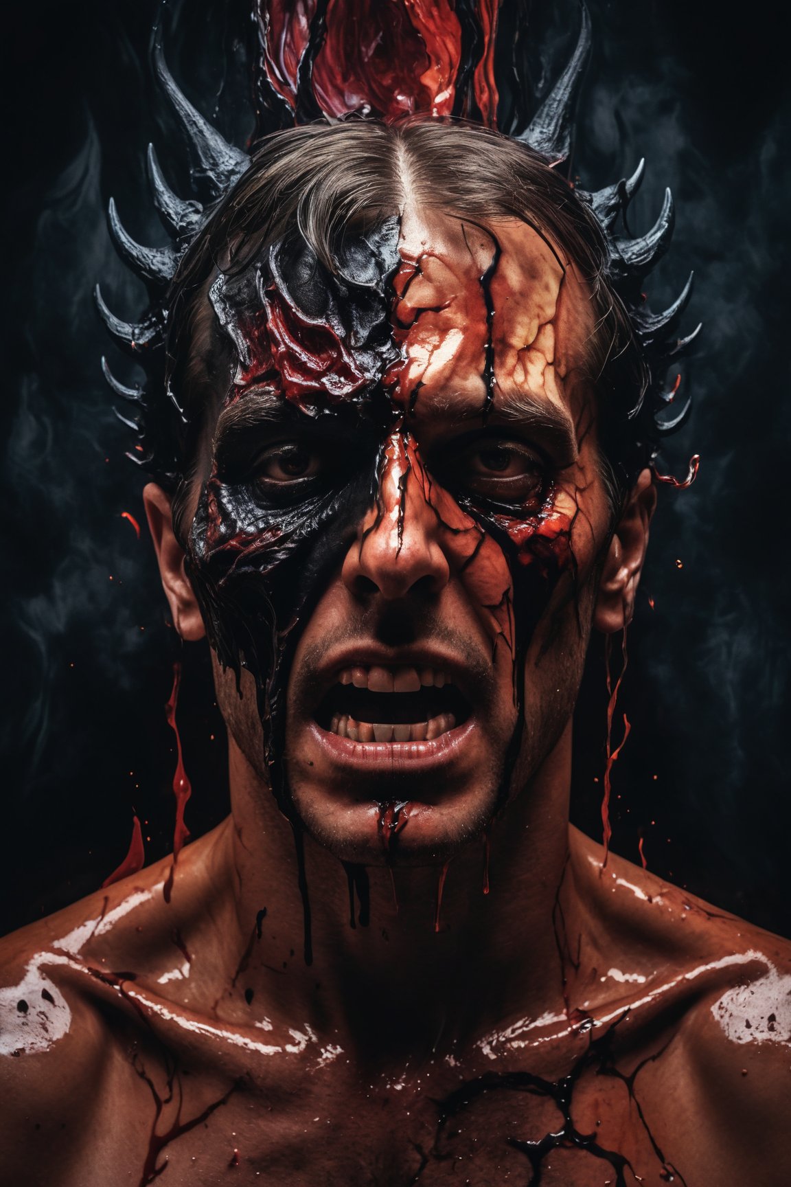 (best quality, 8K, highres, masterpiece), (surreal, evocative portrait), portraying a man consumed by his inner demon, with one half melting into an abstract representation of his dark side.  Use textures and symbolism to capture the psychological struggle of good versus evil. 