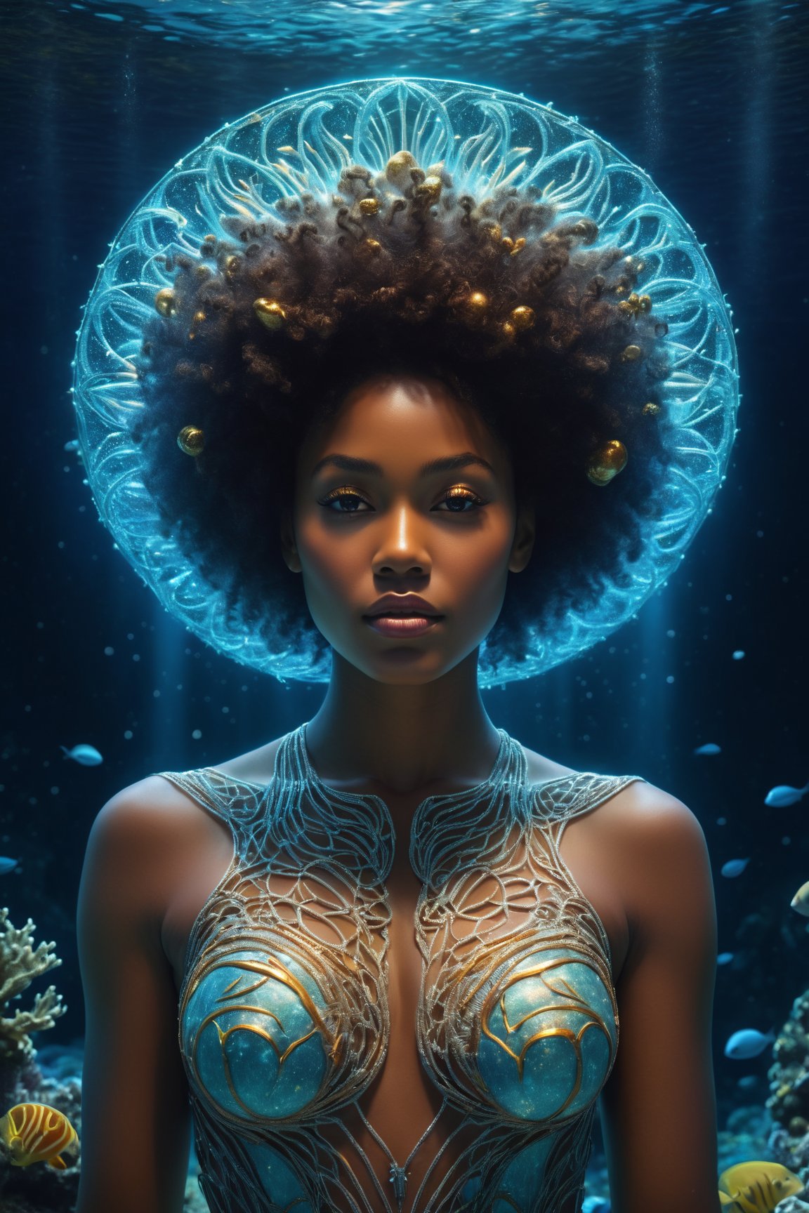 (best quality,8K,highres,masterpiece), capturing a surreal and ethereal portrait of a woman whose presence intertwines the mystical essence of space with the enchanting depths of the ocean. Her afro forms a halo around her head, reminiscent of Saturn's rings, crafted from highly detailed golden filigree with intricate motifs resembling organic tracery. This ghostly three-dimensional effect, surrounded by a glowing aura, merges cosmic dust and glowing particles to create a magical atmosphere. Instead of traditional space, she is set against an animated coral reef background, where the realism of the seabed and bright spots of marine life add a vivid contrast to her cosmic attributes. The portrait combines the techniques of hyperrealism and soft and sharp focus to highlight the seamless blend of celestial and underwater elements. The use of natural light and perfect composition, characteristic of award-winning photography, enhances the hyper-detailed, animated qualities of both the subject and her surroundings, achieving a masterpiece of visual art that transcends traditional boundaries.